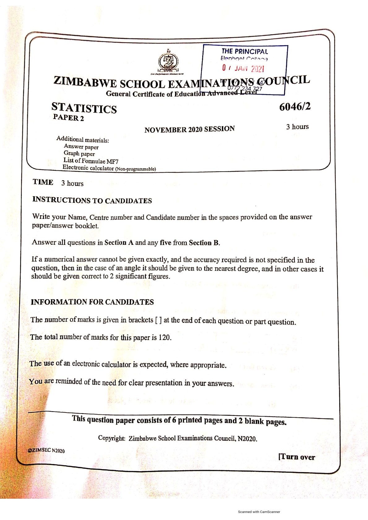 First page of ZIMSEC A-Level Statistics Paper 2 November 2020 Question Paper
