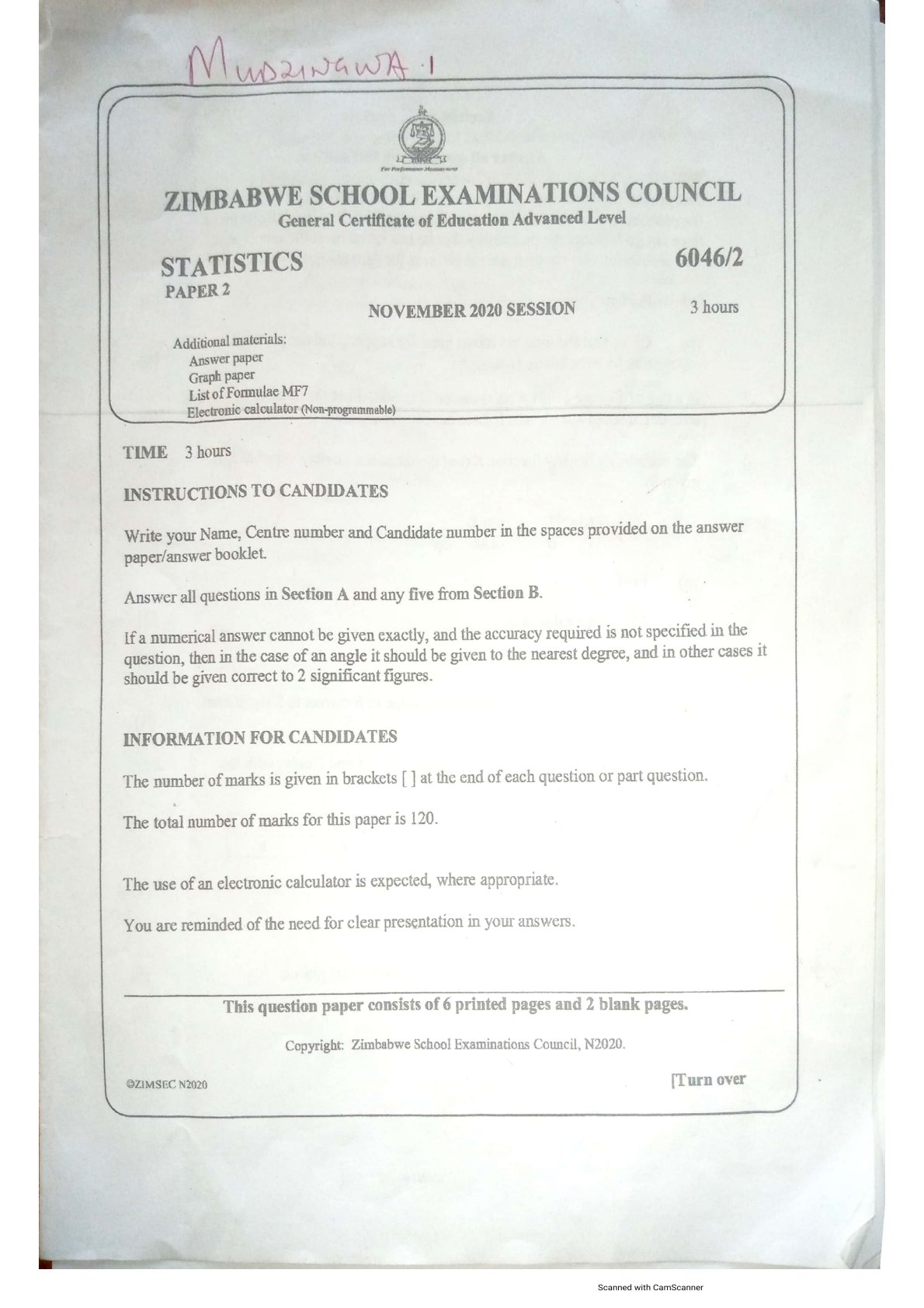 First page of ZIMSEC A-Level Statistics Paper 2 November 2020 Question Paper