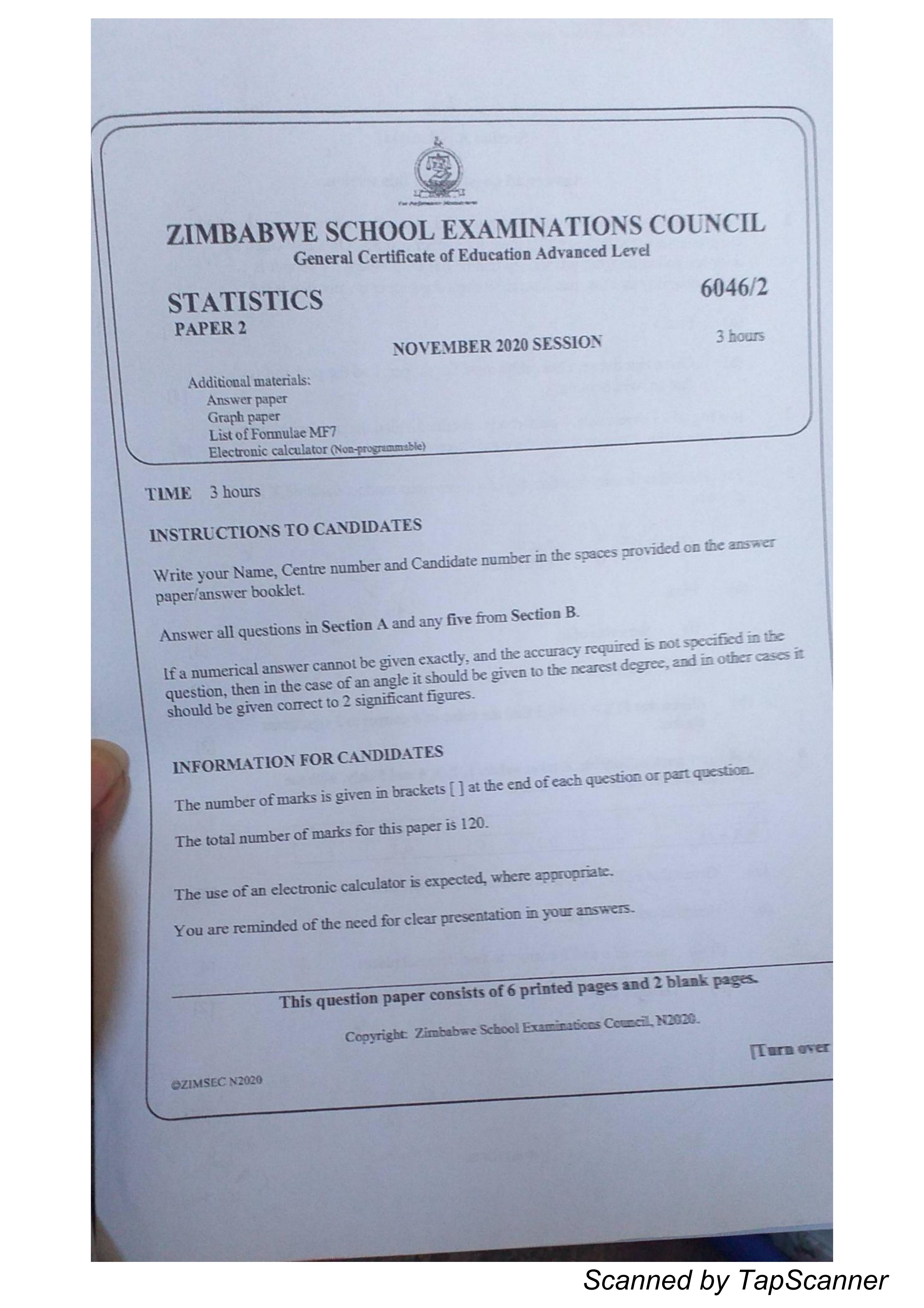 First page of ZIMSEC A-Level Statistics Paper 2 November 2020 Question Paper