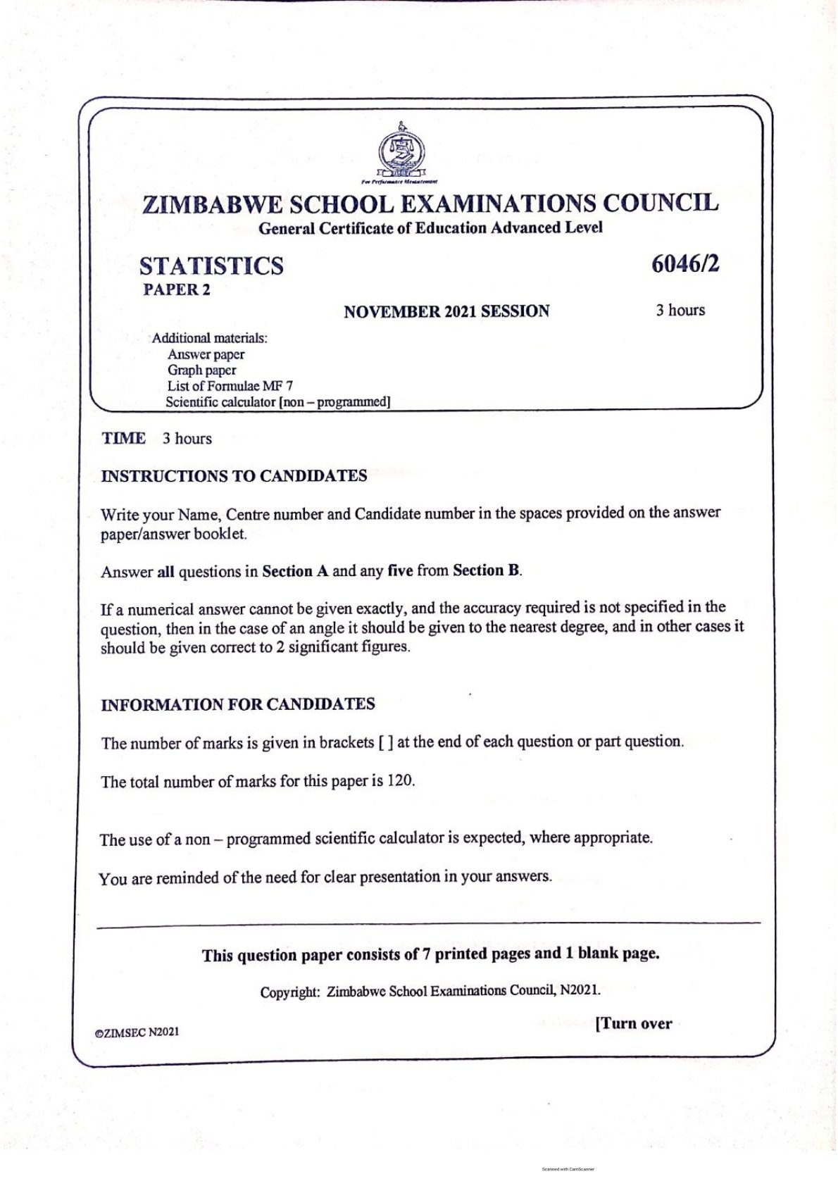 First page of ZIMSEC A-Level Statistics Paper 2 November 2021 Question Paper
