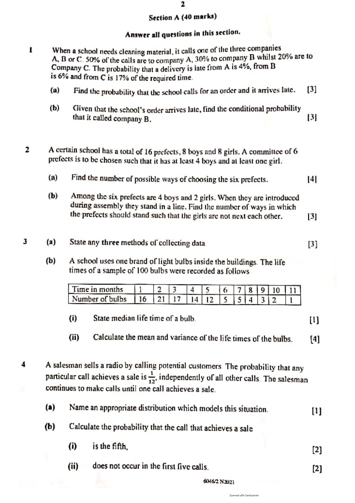 First page of ZIMSEC A-Level Statistics Paper 2 November 2021 Question Paper