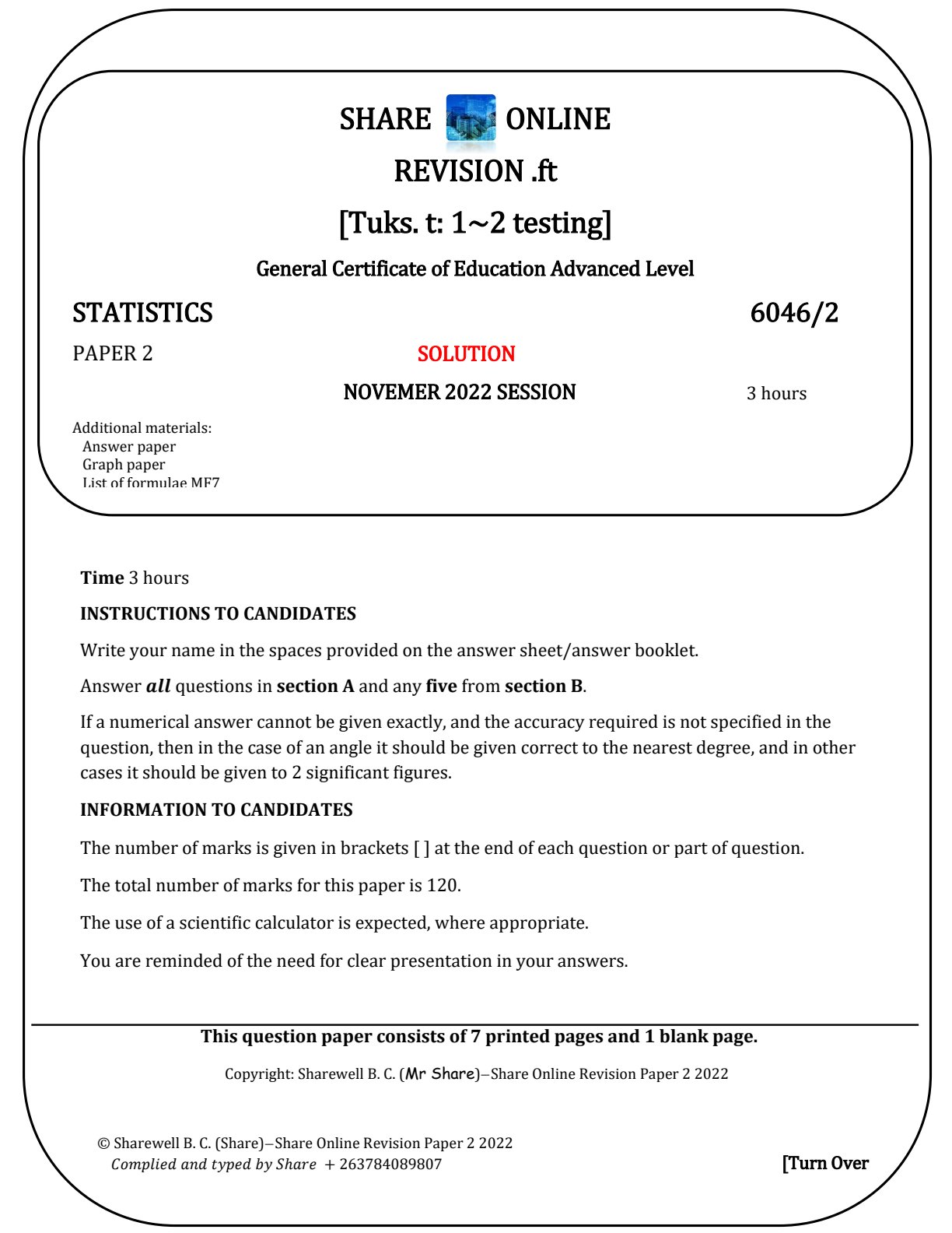 First page of ZIMSEC A-Level Statistics Paper 2 November 2022 Marking Scheme