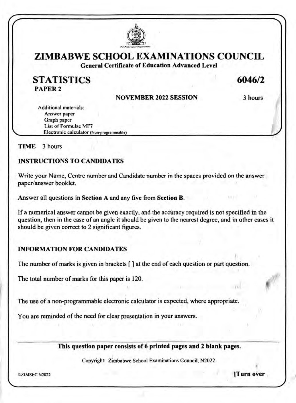 First page of ZIMSEC A-Level Statistics Paper 2 November 2022 Question Paper