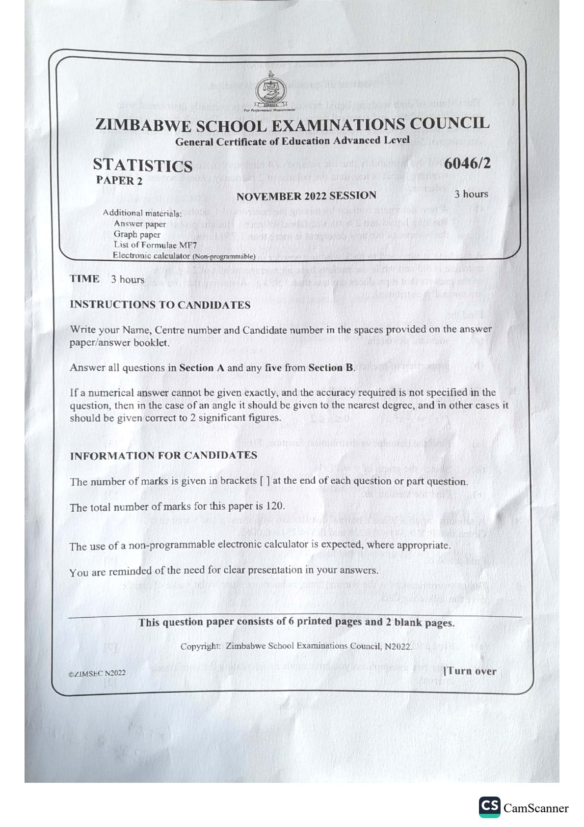 First page of ZIMSEC A-Level Statistics Paper 2 November 2022 Question Paper