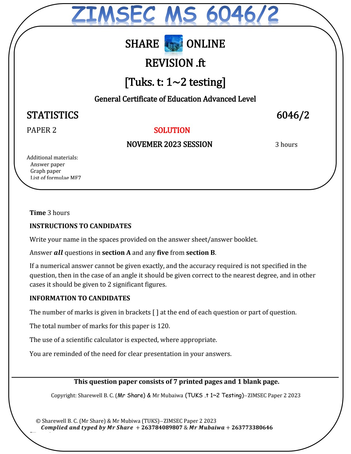 First page of ZIMSEC A-Level Statistics Paper 2 November 2023 Marking Scheme