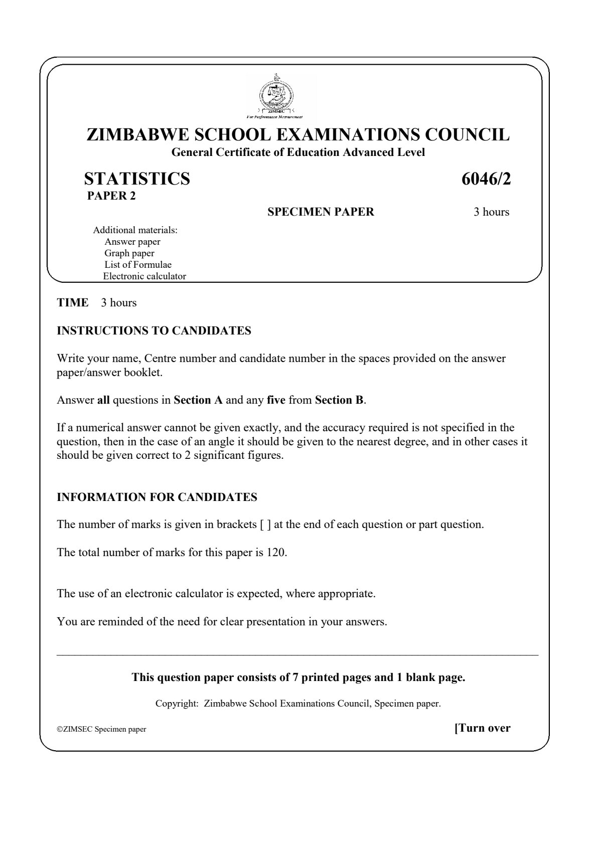 First page of ZIMSEC A-Level Statistics Paper 2 Specimen Question Paper