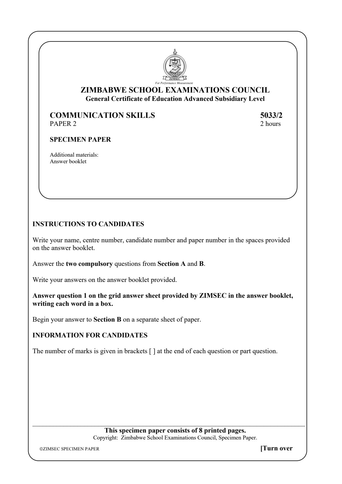 First page of ZIMSEC Advanced Subsidiary Level Communication Skills Paper 2 Question Paper