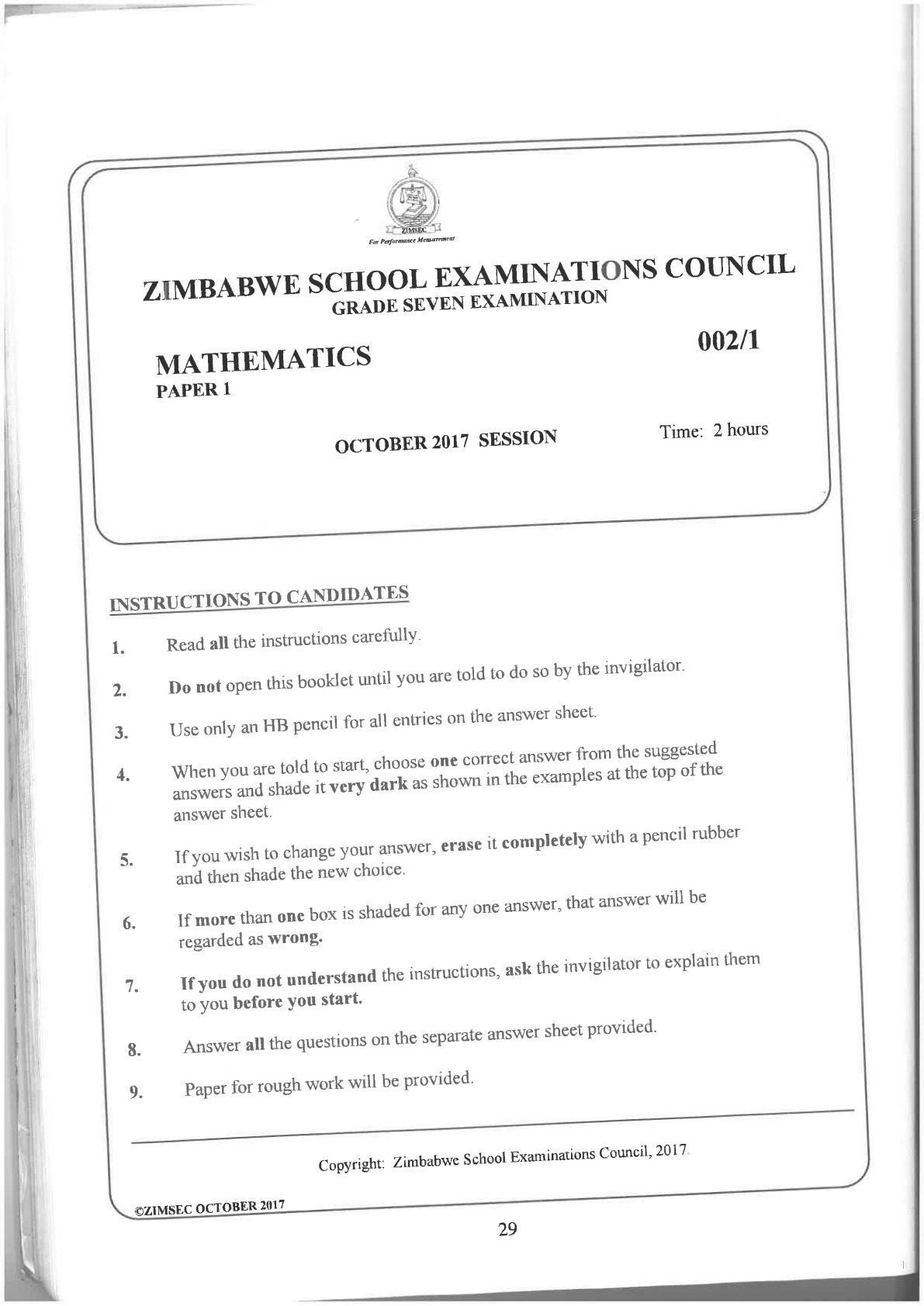 First page of ZIMSEC Grade 7 Mathematics Paper 1 October 2017 Question Paper