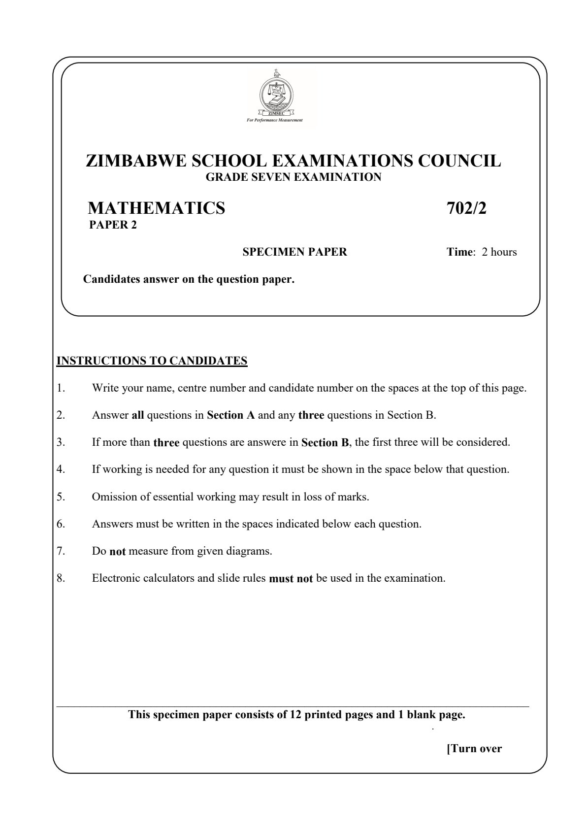First page of ZIMSEC Grade 7 Mathematics Paper 2 2024 Question Paper