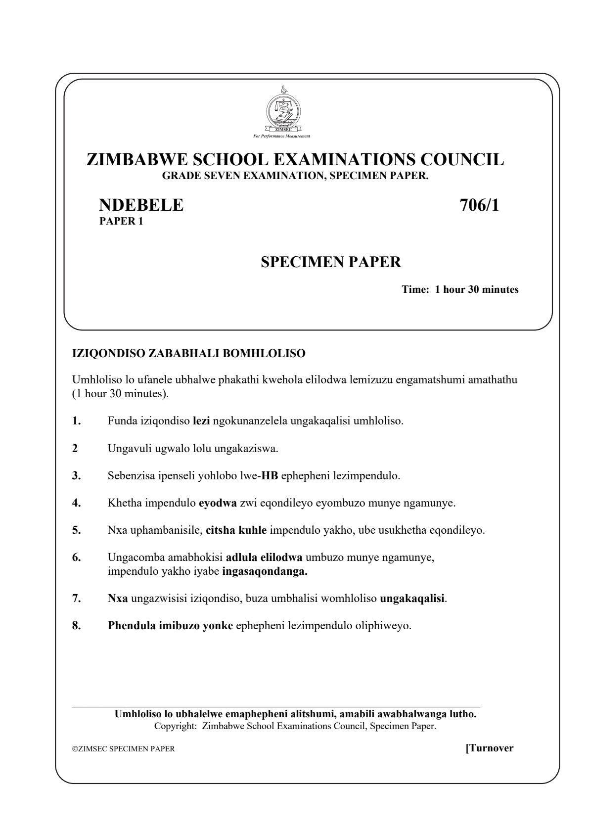First page of ZIMSEC Grade 7 Ndebele Paper 1 Question Paper