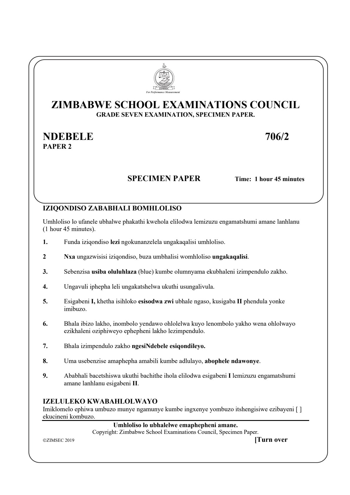 First page of ZIMSEC Grade 7 Ndebele Paper 2 Specimen 2019 Question Paper