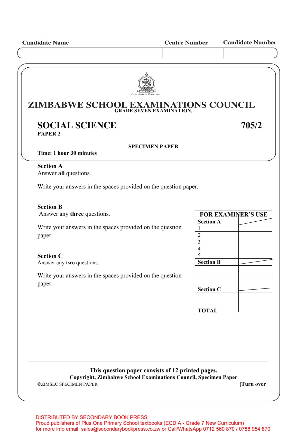First page of ZIMSEC Grade 7 Social Science Paper 2 Question Paper