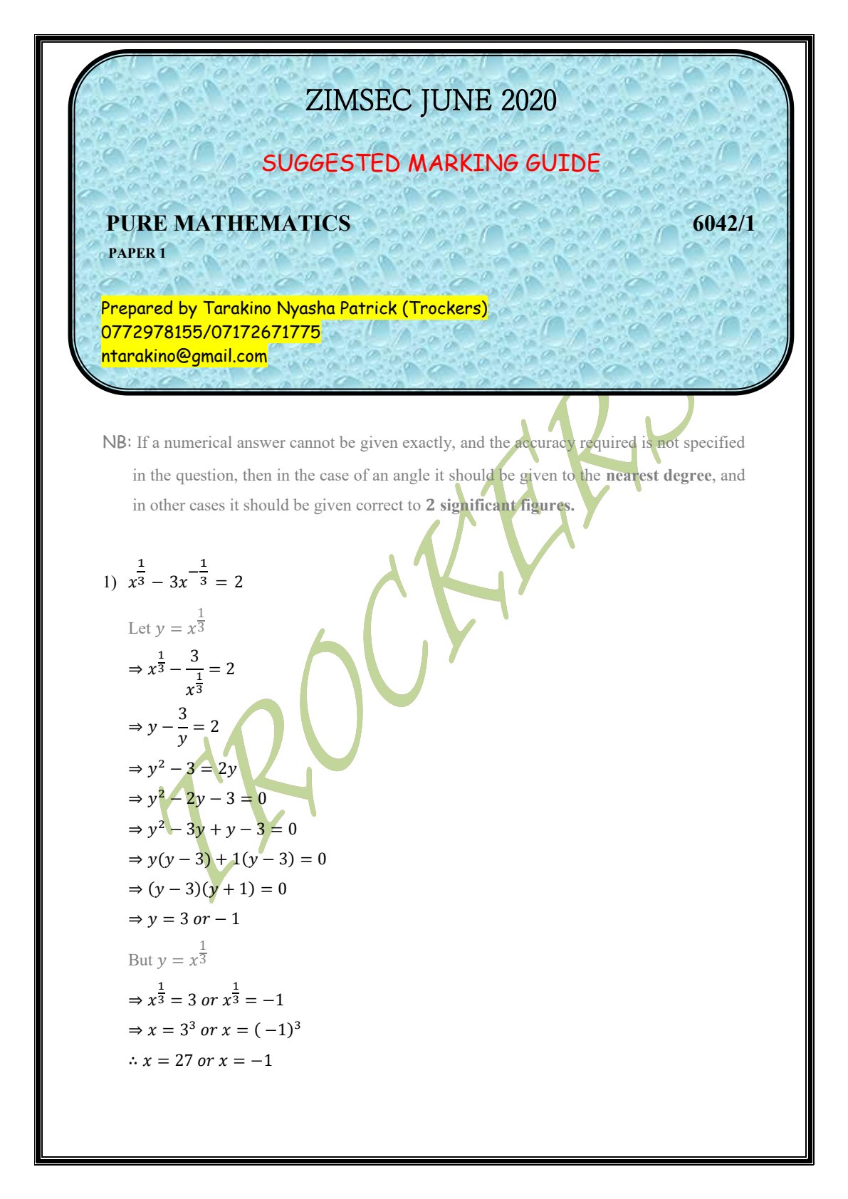 First page of ZIMSEC JUNE 2020 SUGGESTED MARKING GUIDE PURE MATHEMATICS 6042/1 PAPER 1