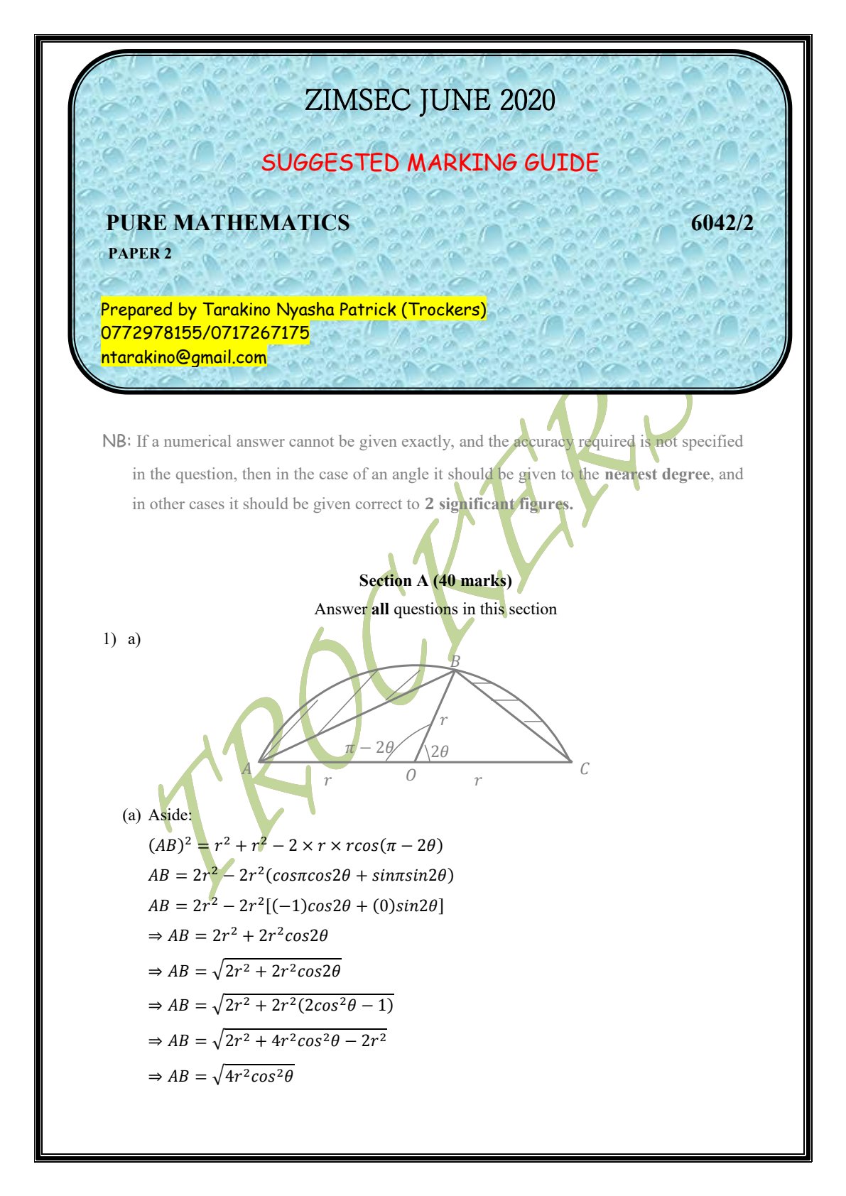 First page of ZIMSEC JUNE 2020 SUGGESTED MARKING GUIDE PURE MATHEMATICS 6042/2 PAPER 2