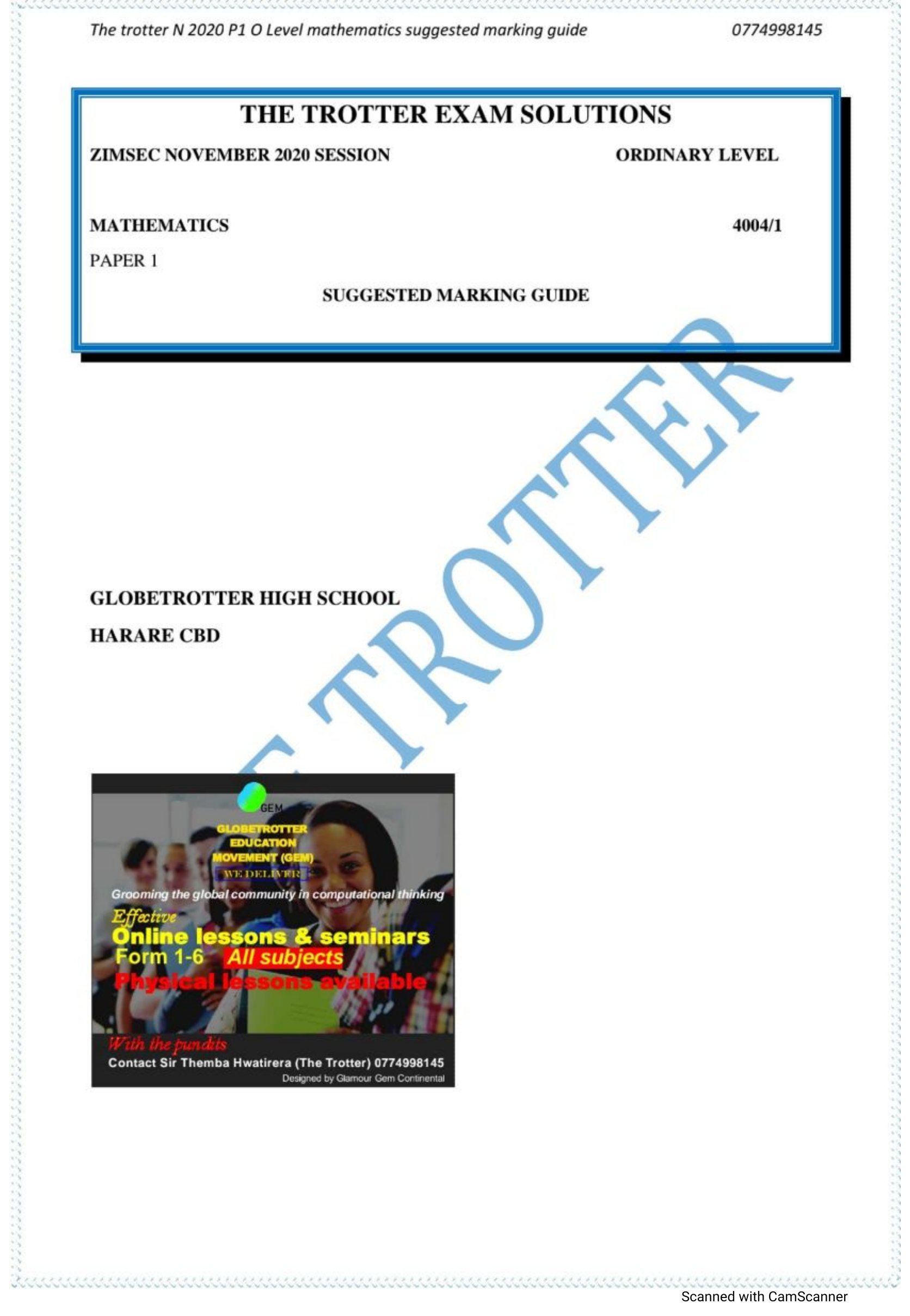 First page of ZIMSEC November 2020 O-Level Mathematics Paper 1 Suggested Marking Guide