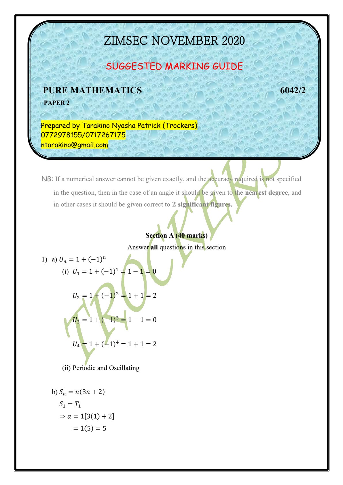 First page of ZIMSEC November 2020 Suggested Marking Guide: Pure Mathematics Paper 2 6042/2