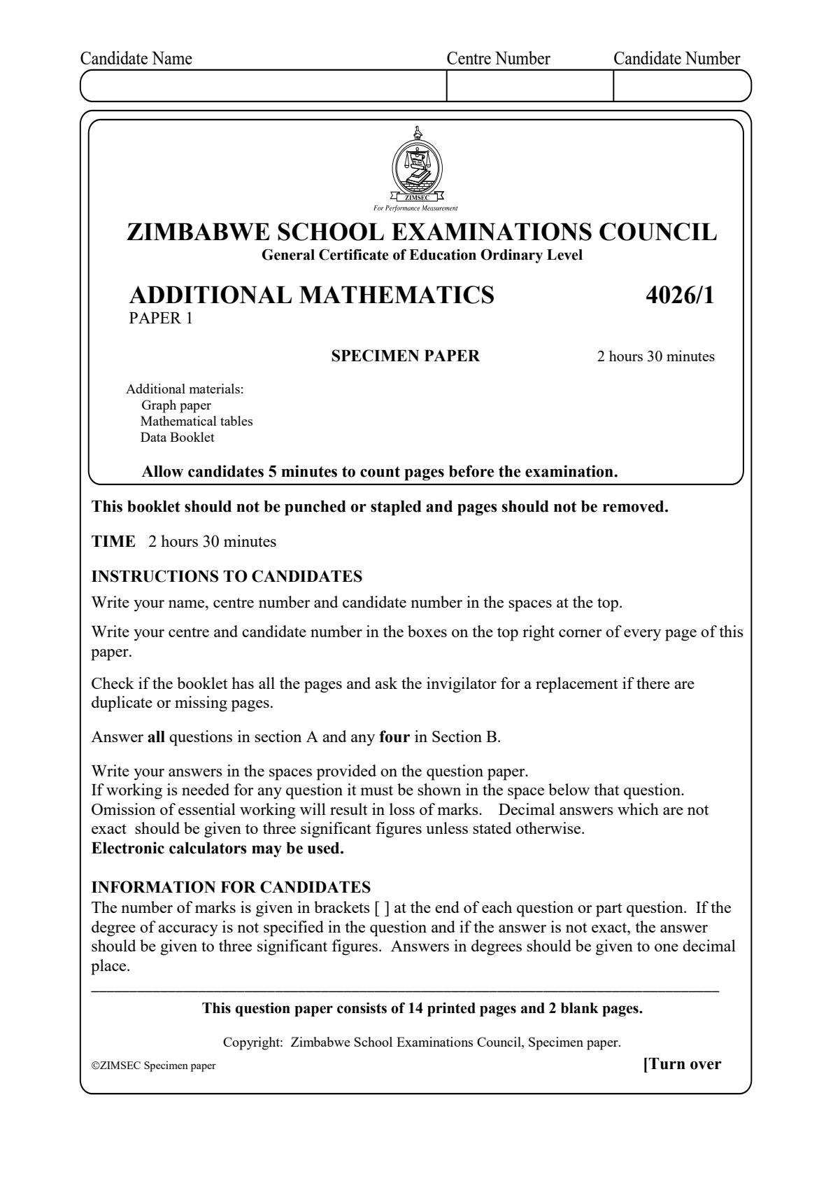 First page of ZIMSEC O-Level Additional Mathematics Paper 1 Question Paper