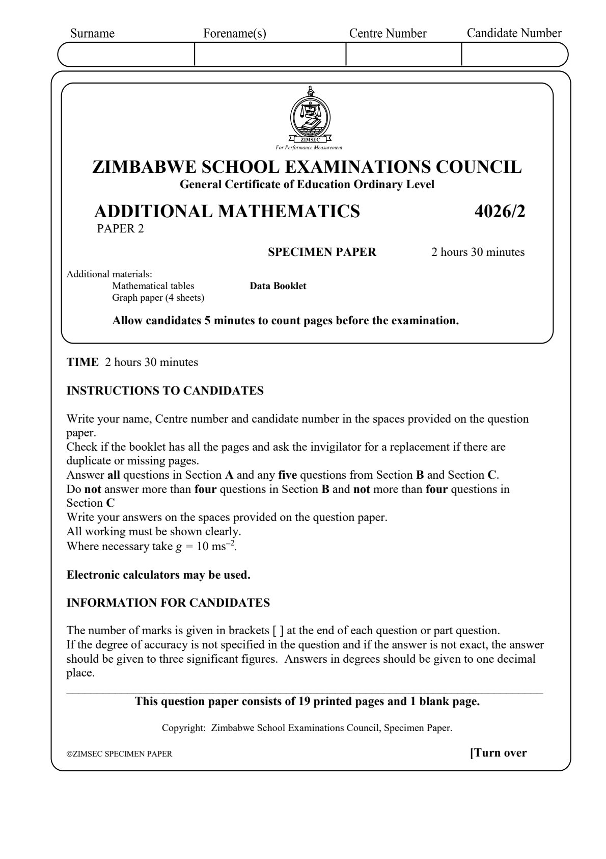 First page of ZIMSEC O-Level Additional Mathematics Paper 2 Question Paper
