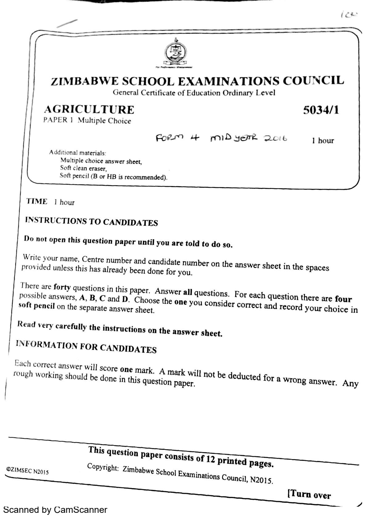 First page of ZIMSEC O-Level Agriculture Paper 1 Mid Year 2016 Question Paper