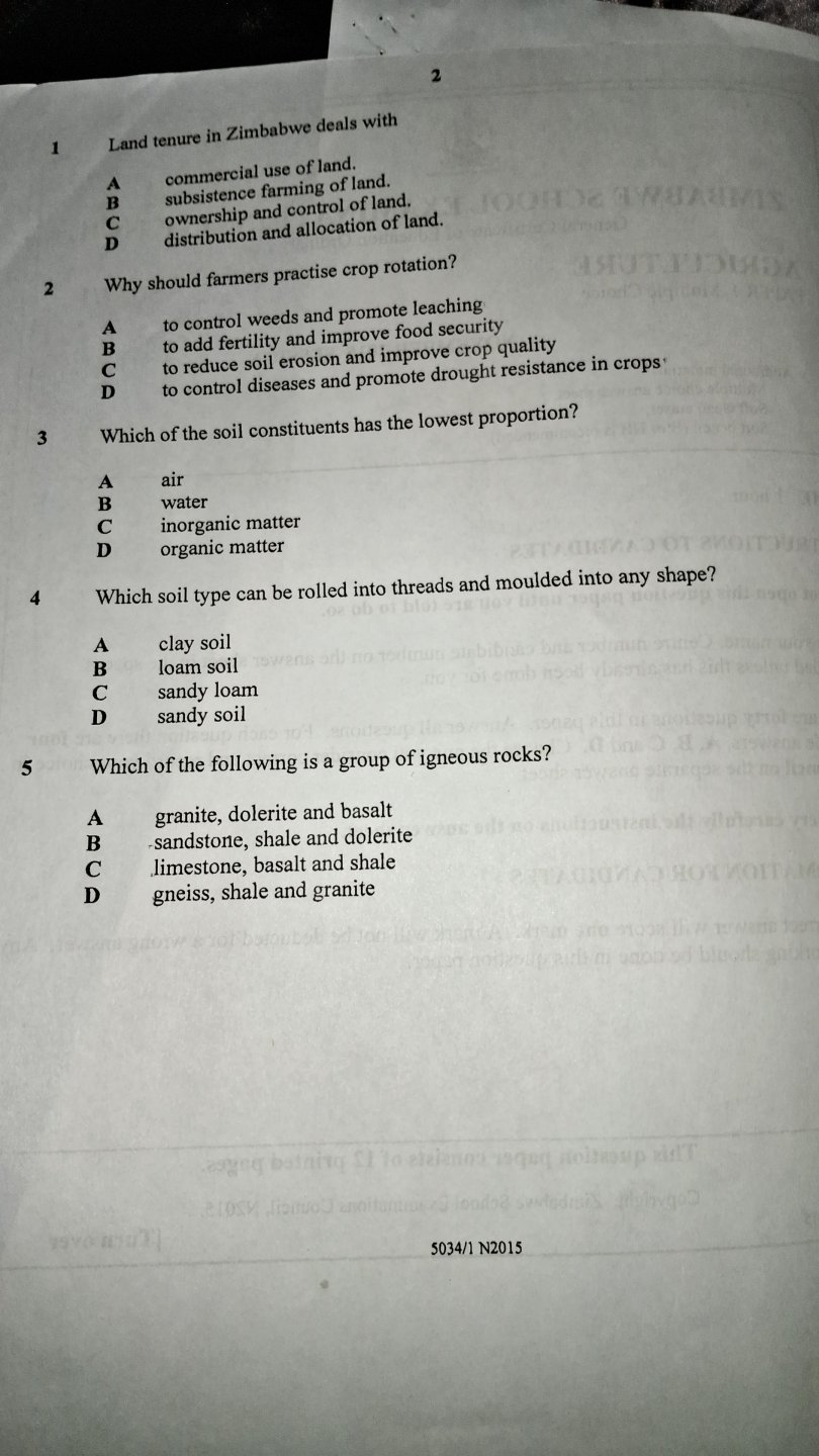 First page of ZIMSEC O-Level Agriculture Paper 1 November 2015 Question Paper