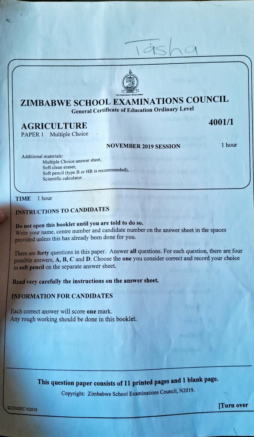 First page of ZIMSEC O-Level Agriculture Paper 1 November 2019 Question Paper