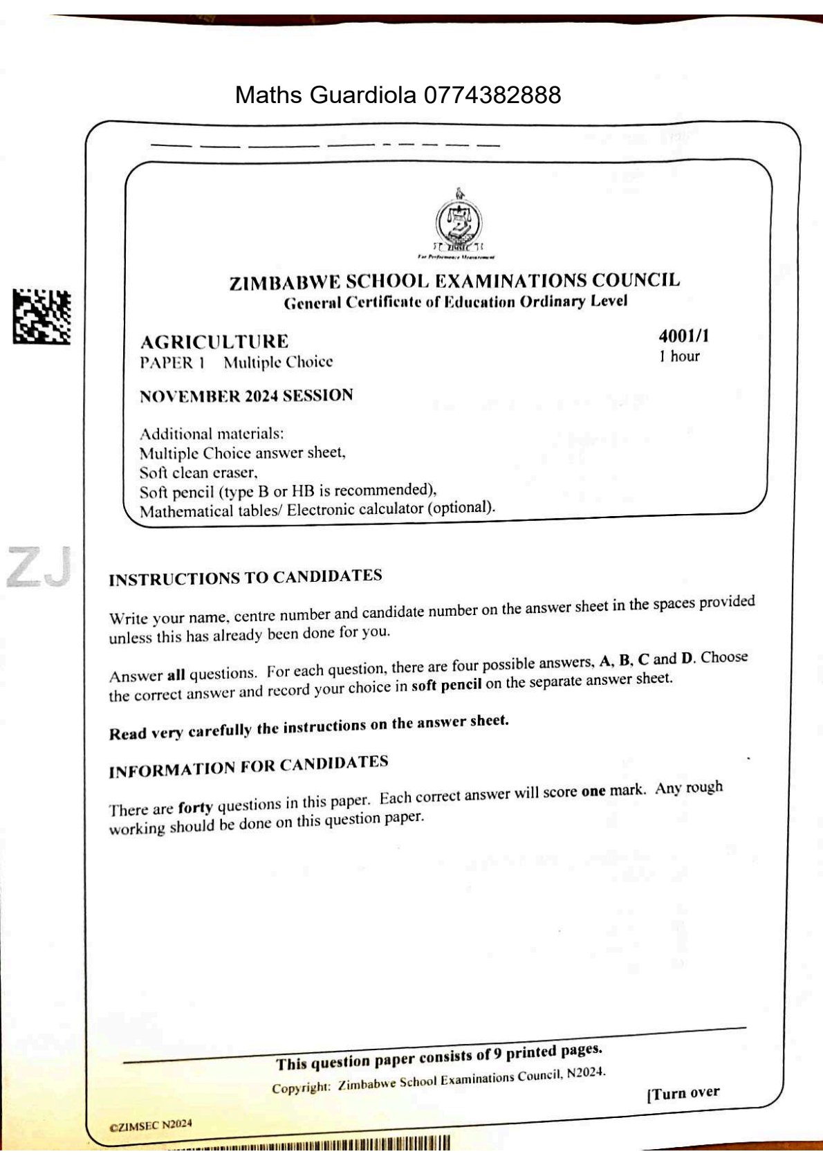 First page of ZIMSEC O-Level Agriculture Paper 1 November 2024 Question Paper