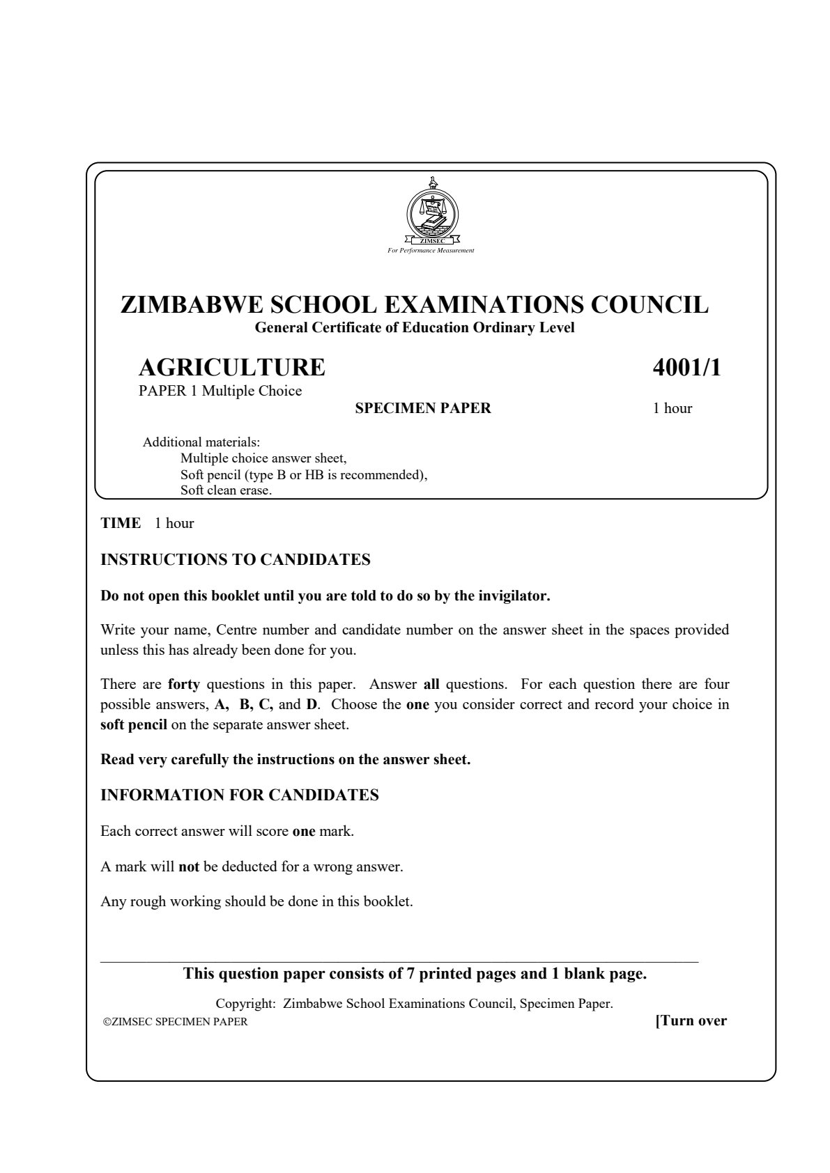 First page of ZIMSEC O-Level Agriculture Paper 1 Question Paper