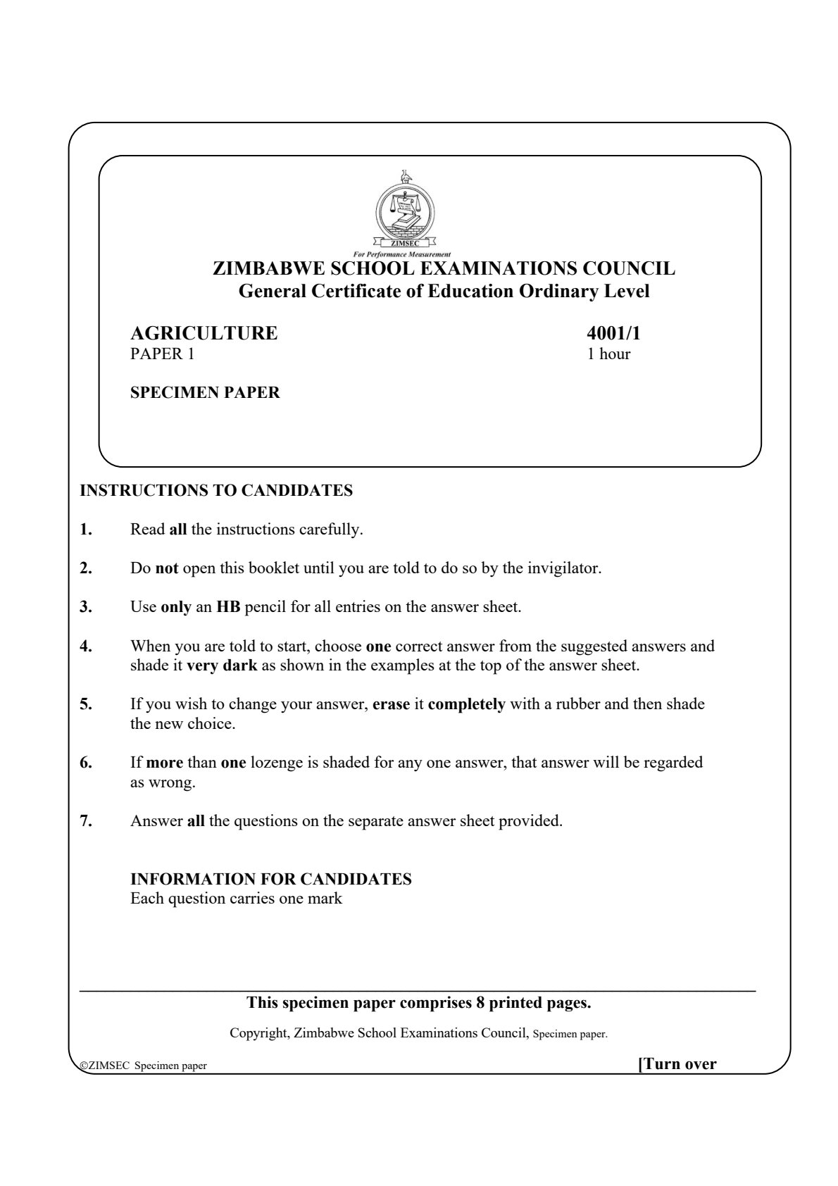 First page of ZIMSEC O-Level Agriculture Paper 1 Question Paper