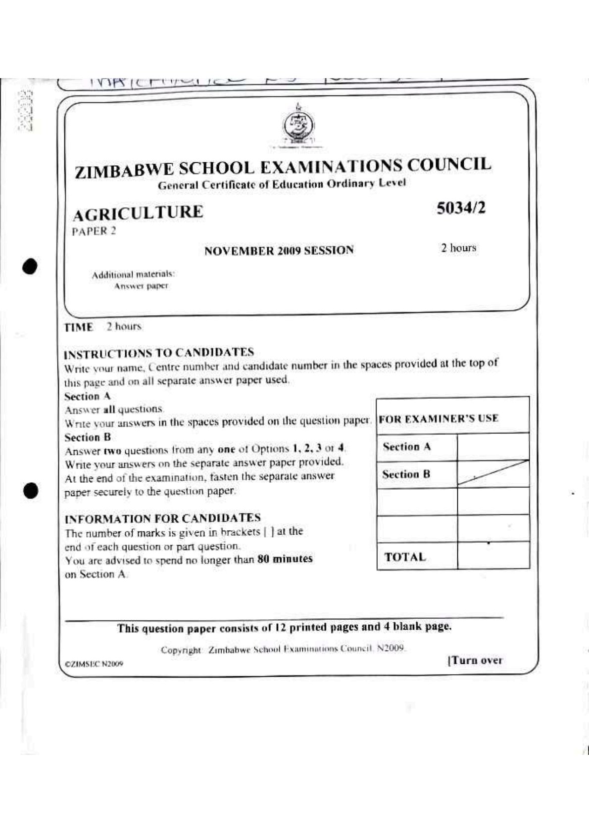 First page of ZIMSEC O-Level Agriculture Paper 2 November 2009 Question Paper