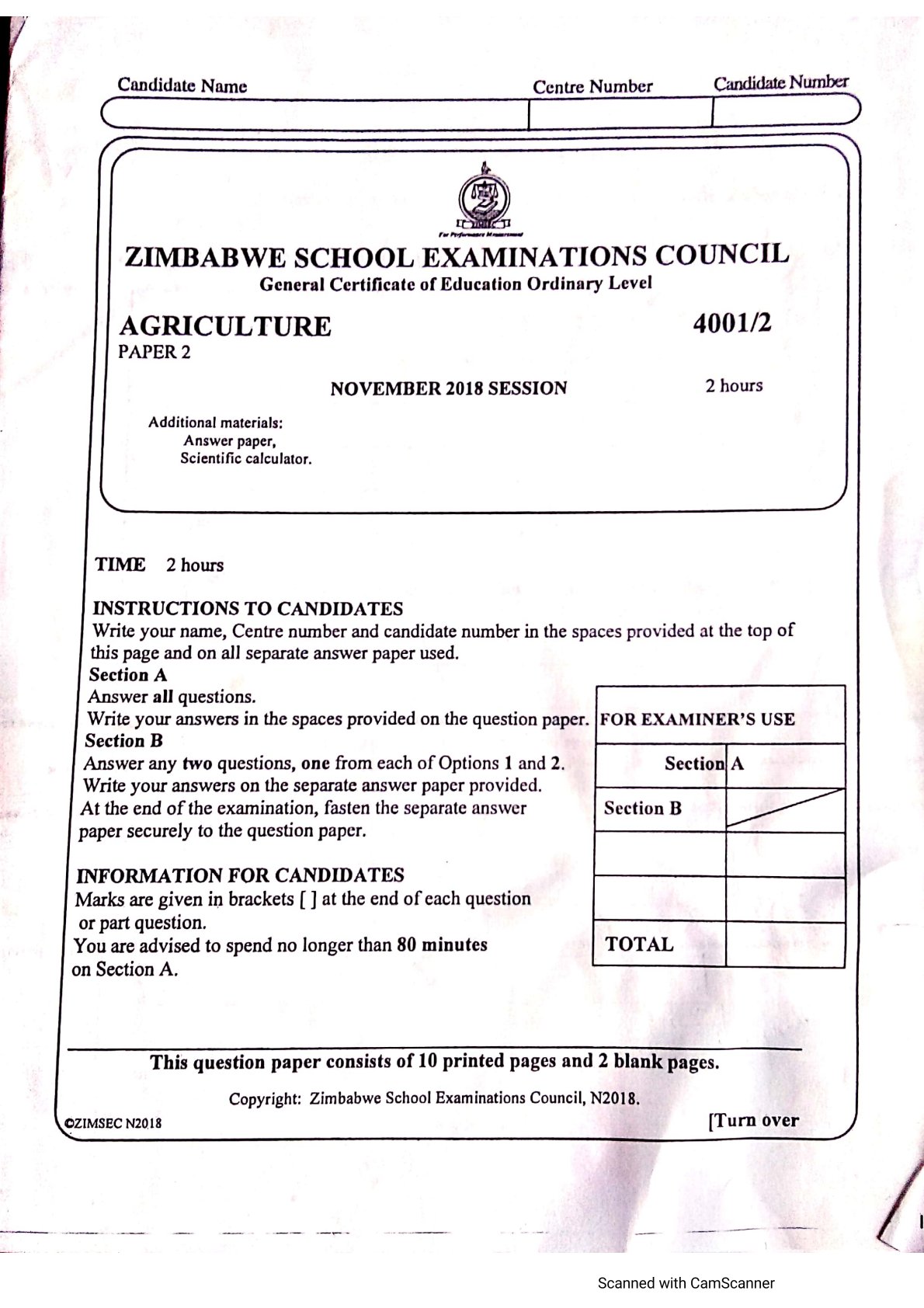 First page of ZIMSEC O-Level Agriculture Paper 2 November 2018 Question Paper