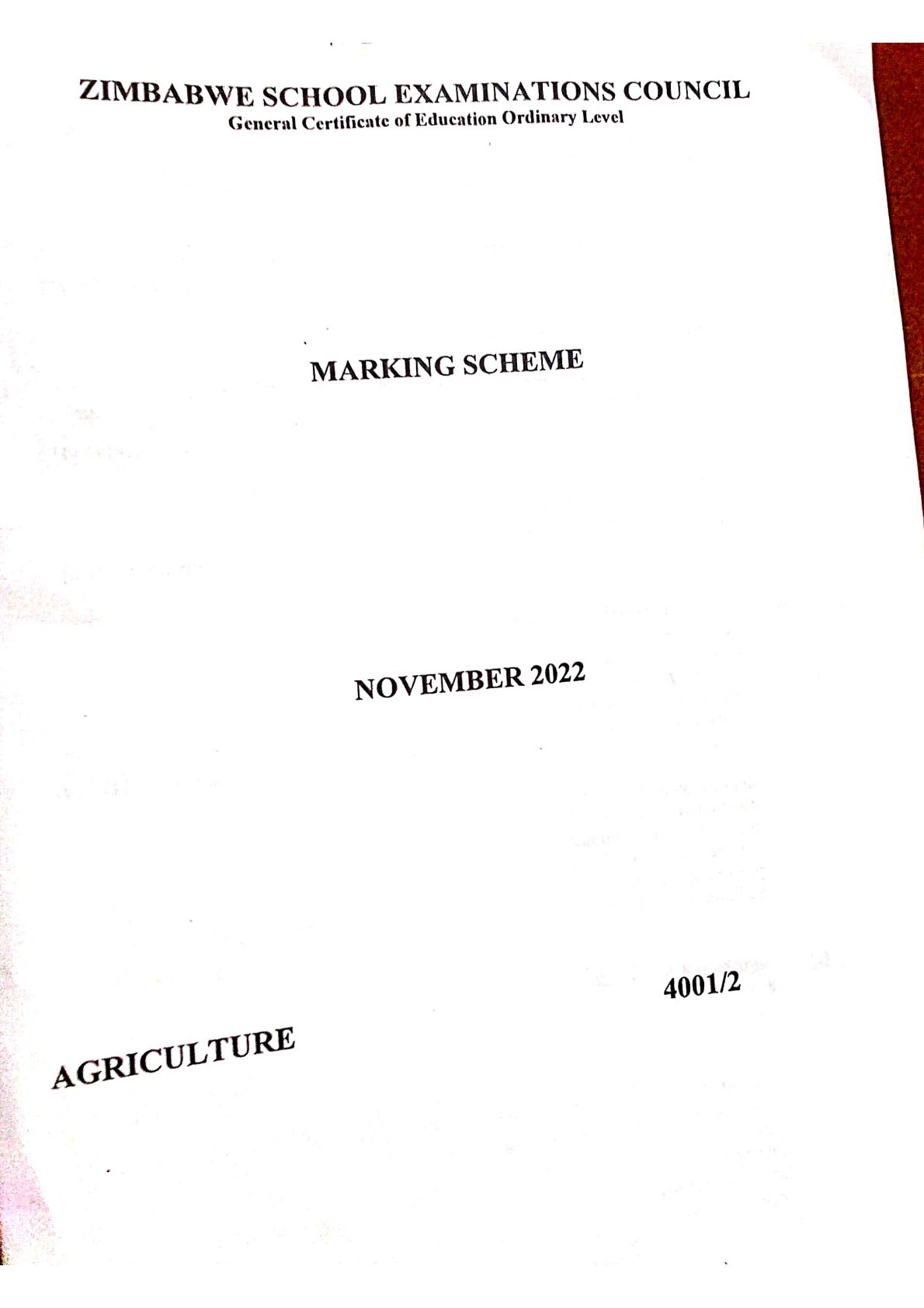 First page of ZIMSEC O-Level Agriculture Paper 2 November 2022 Marking Scheme