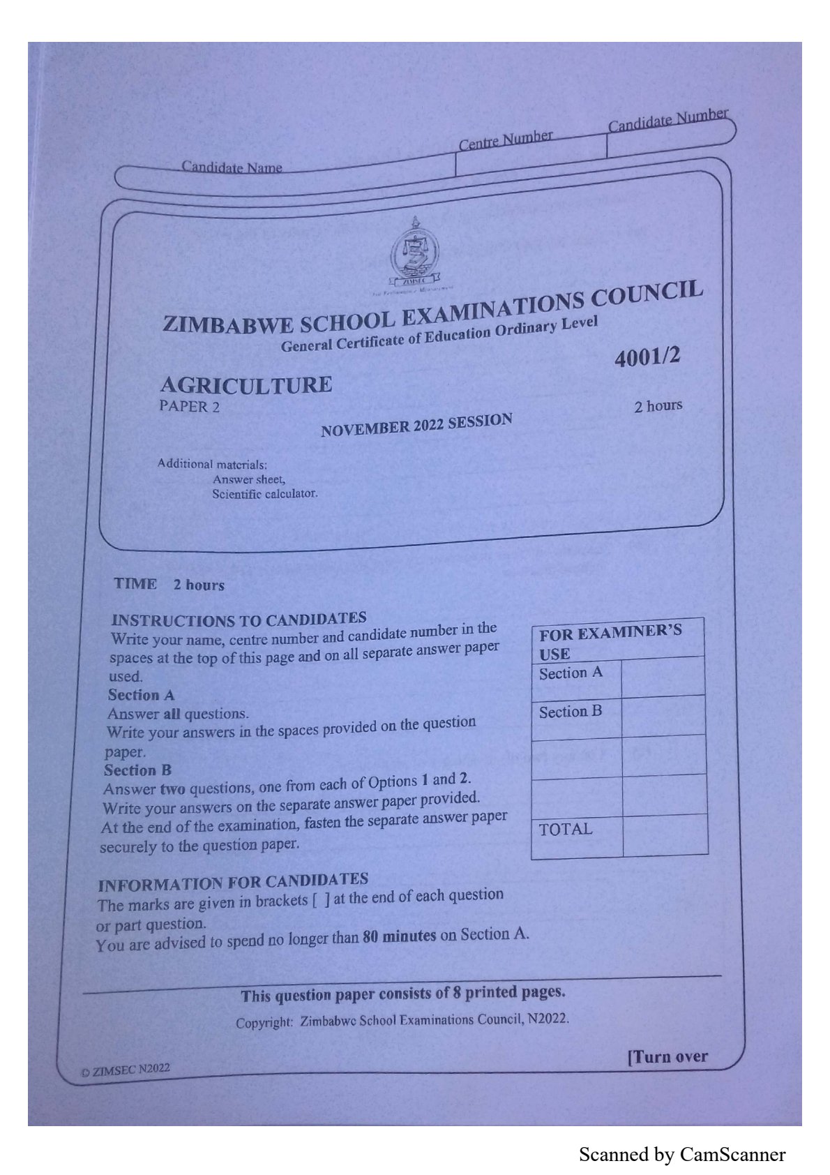 First page of ZIMSEC O-Level Agriculture Paper 2 November 2022 Question Paper