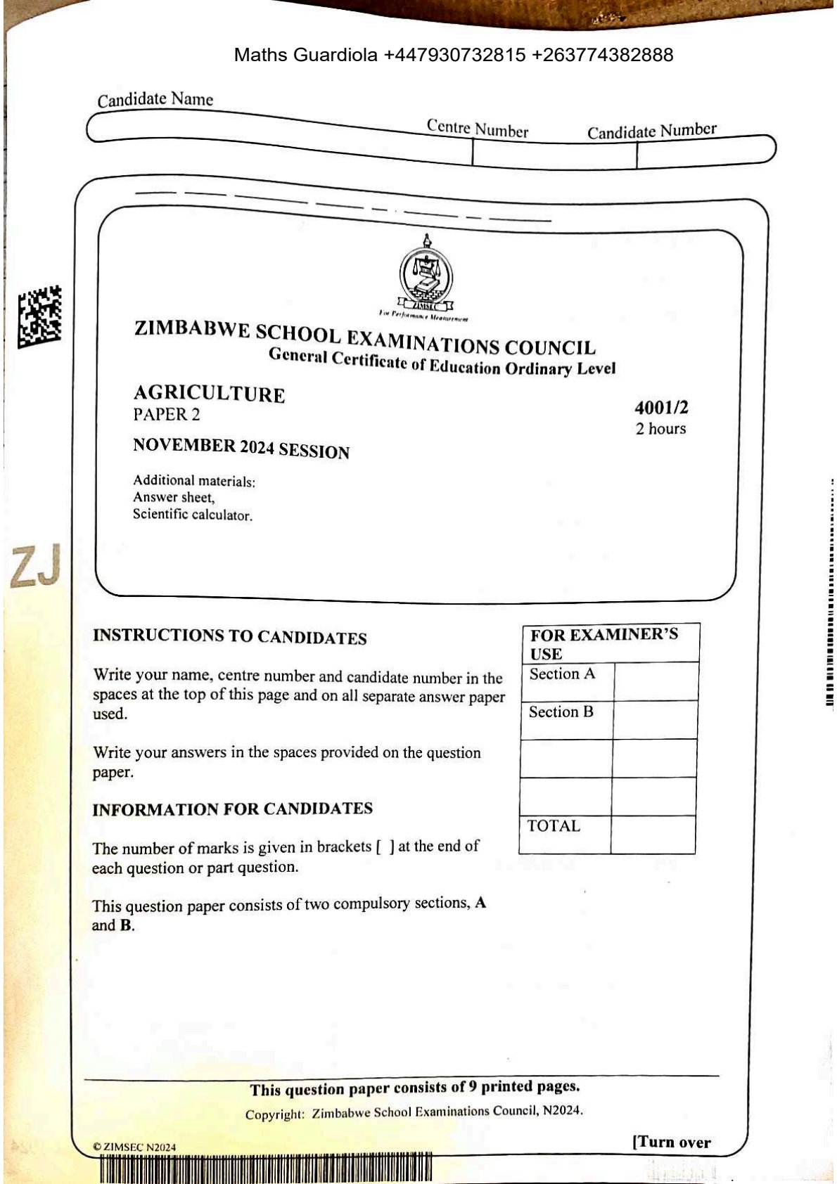 First page of ZIMSEC O-Level Agriculture Paper 2 November 2024 Question Paper