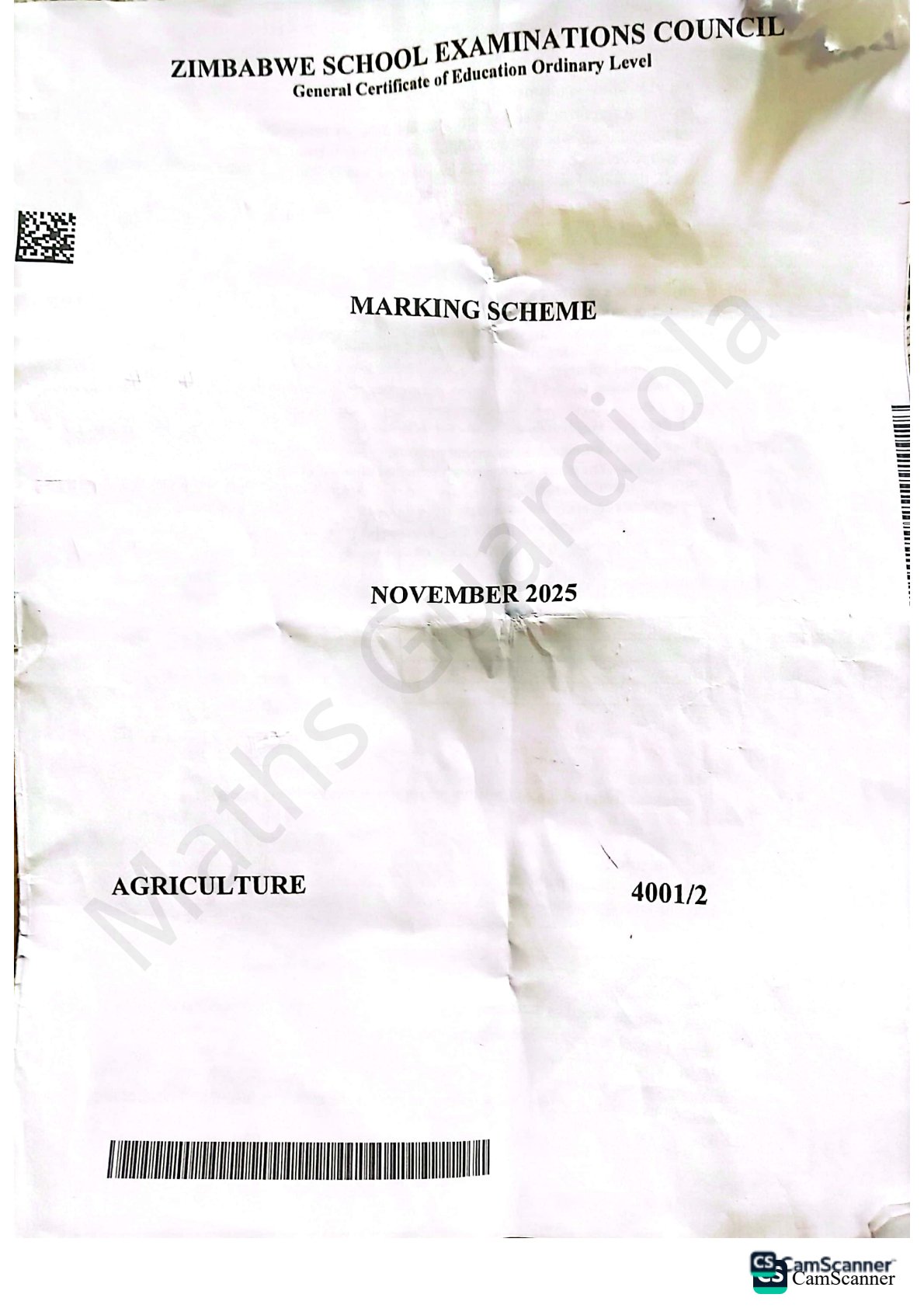 First page of ZIMSEC O-Level Agriculture Paper 2 November 2025 Marking Scheme