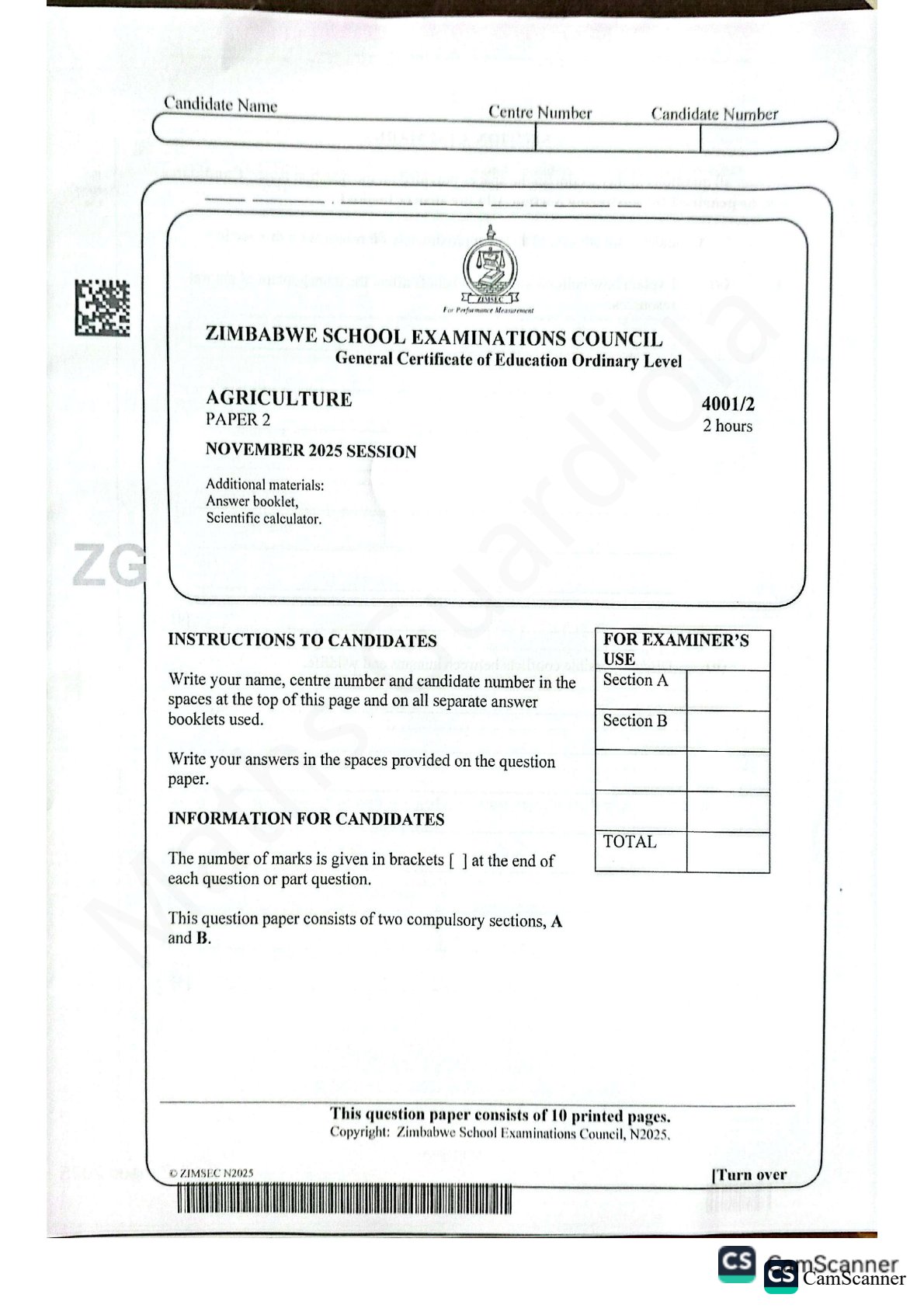 First page of ZIMSEC O-Level Agriculture Paper 2 November 2025 Question Paper