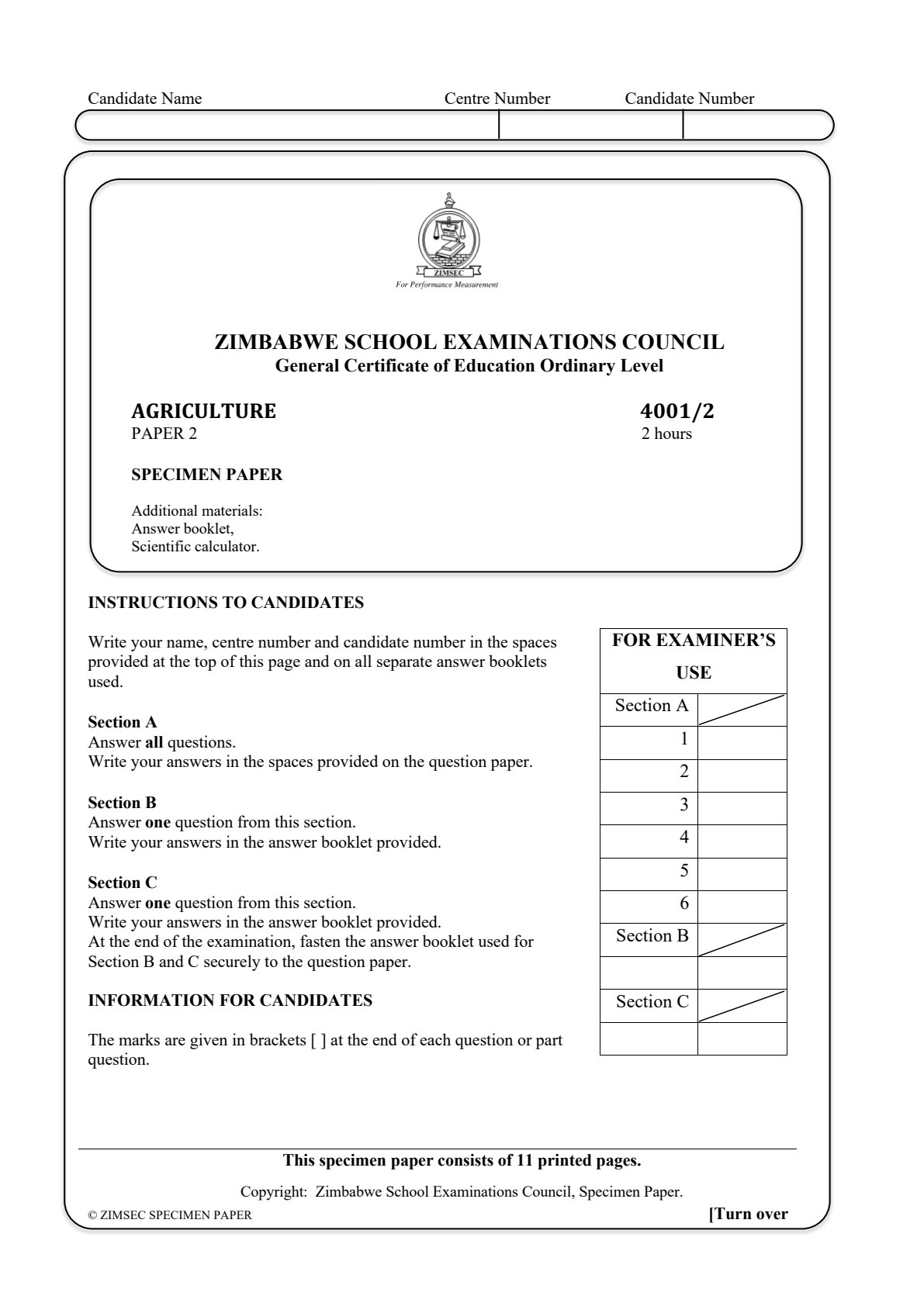 First page of ZIMSEC O-Level Agriculture Paper 2 Question Paper