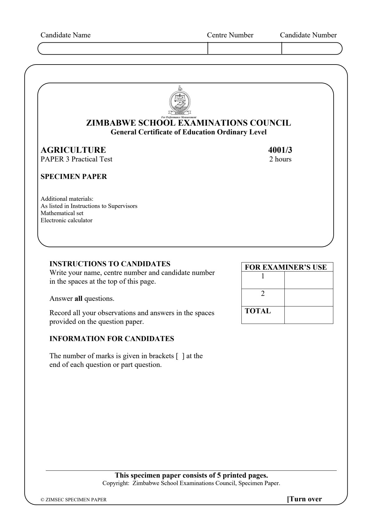 First page of ZIMSEC O-Level Agriculture Paper 3 Question Paper
