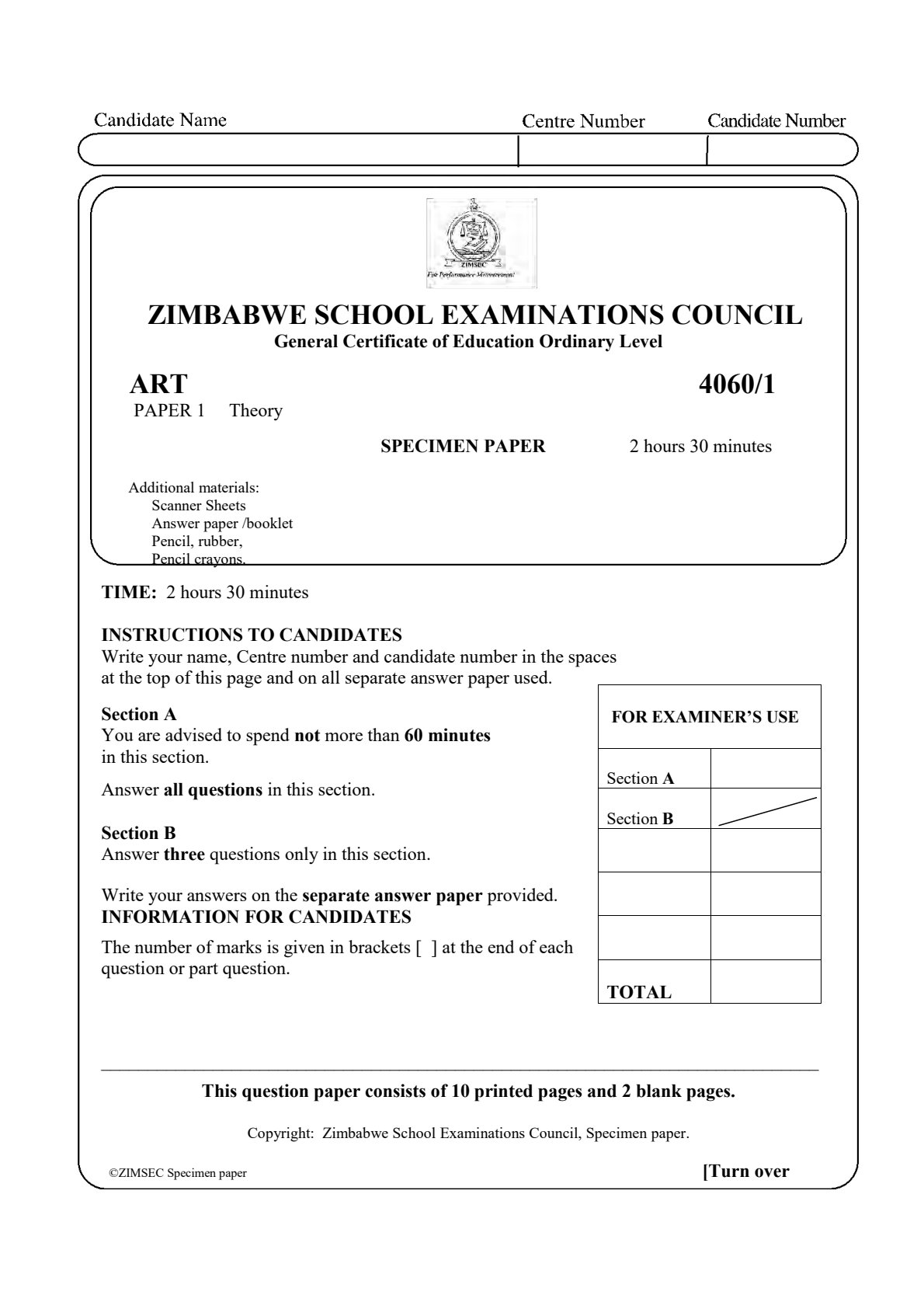 First page of ZIMSEC O-Level Art Paper 1 Question Paper