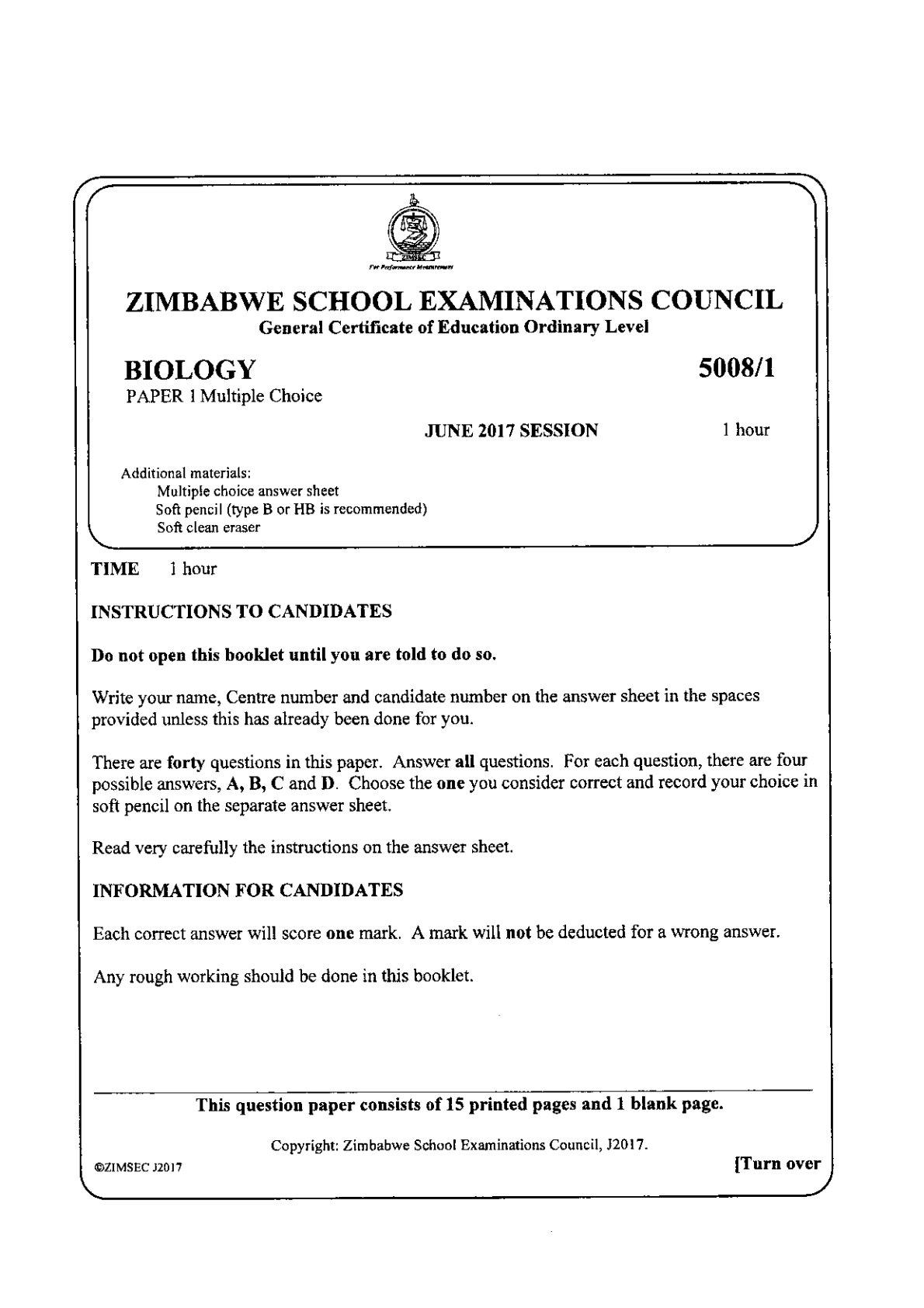 First page of ZIMSEC O-Level Biology Paper 1 June 2017 Question Paper