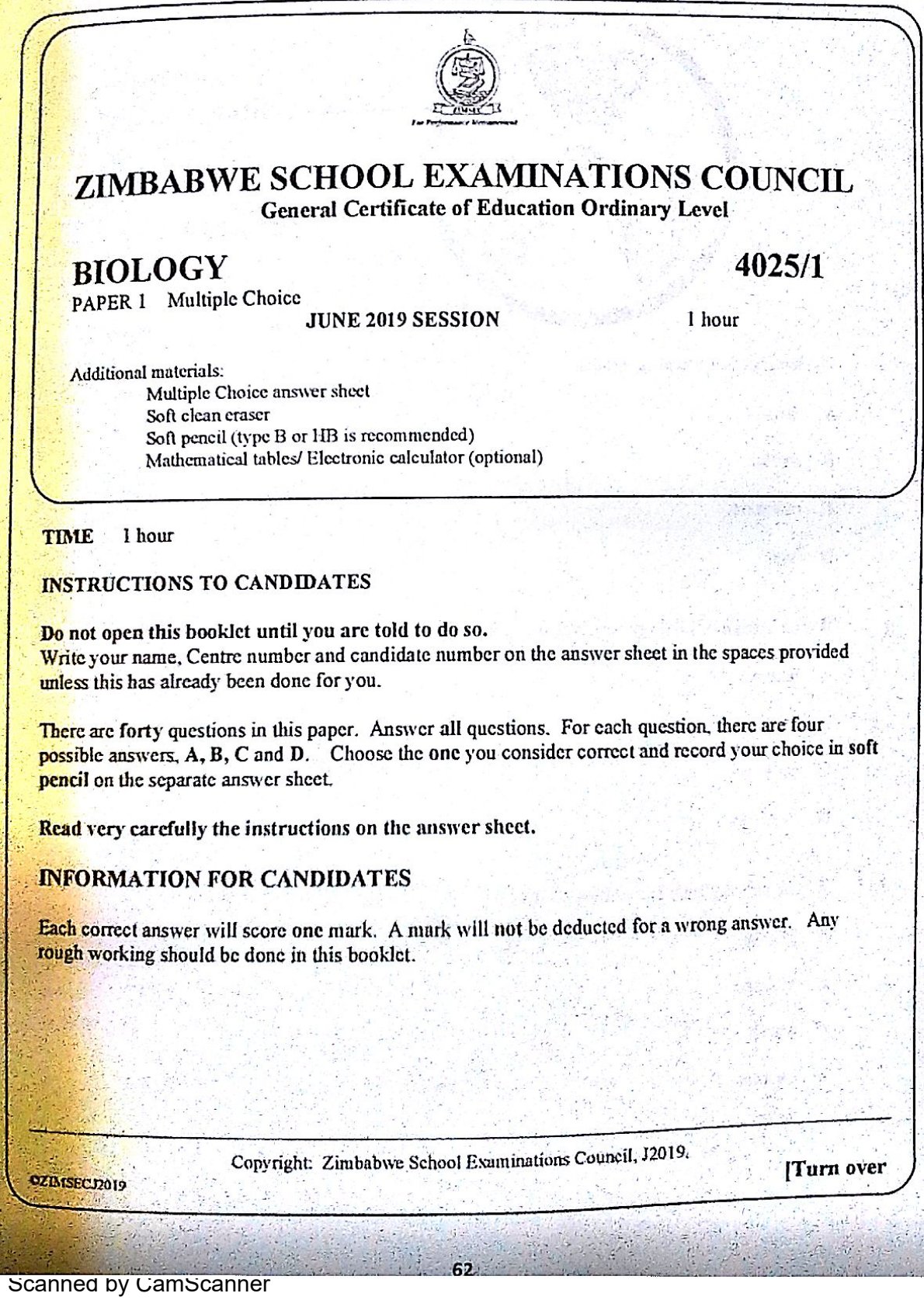 First page of ZIMSEC O-Level Biology Paper 1 June 2019 Question Paper