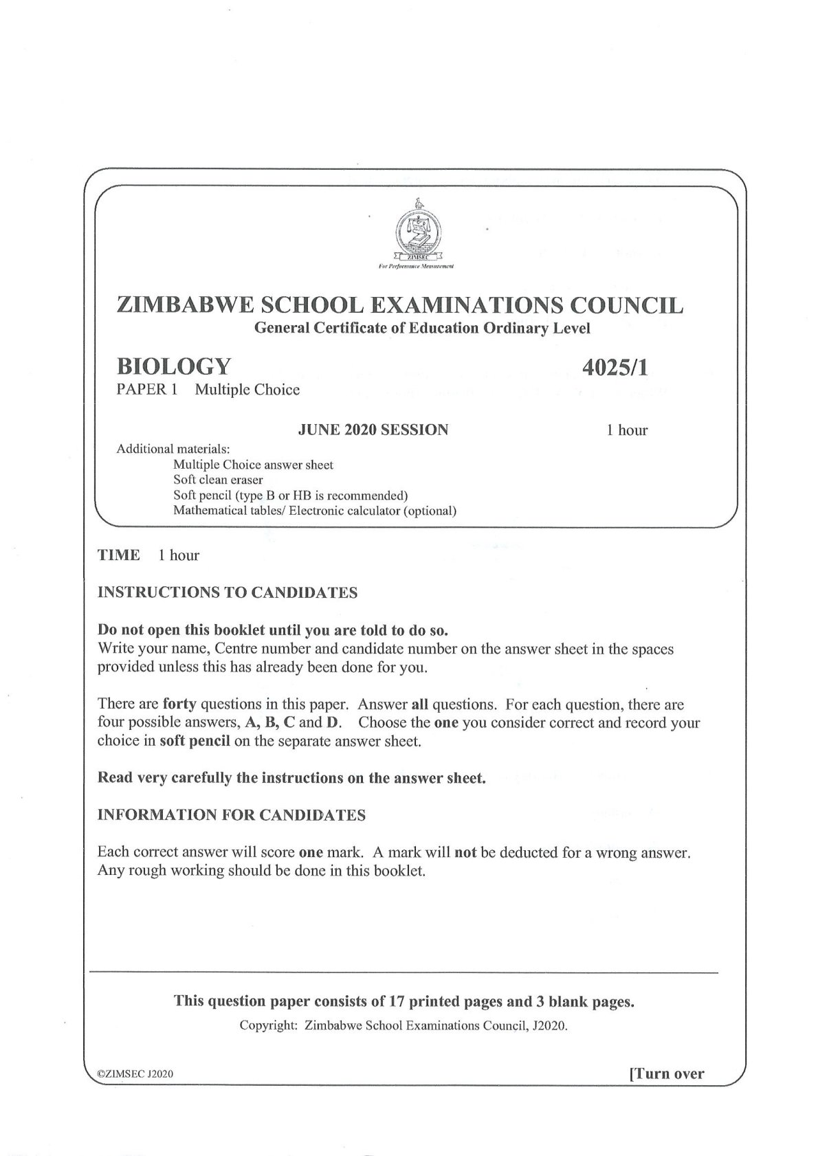 First page of ZIMSEC O-Level Biology Paper 1 June 2020 Question Paper