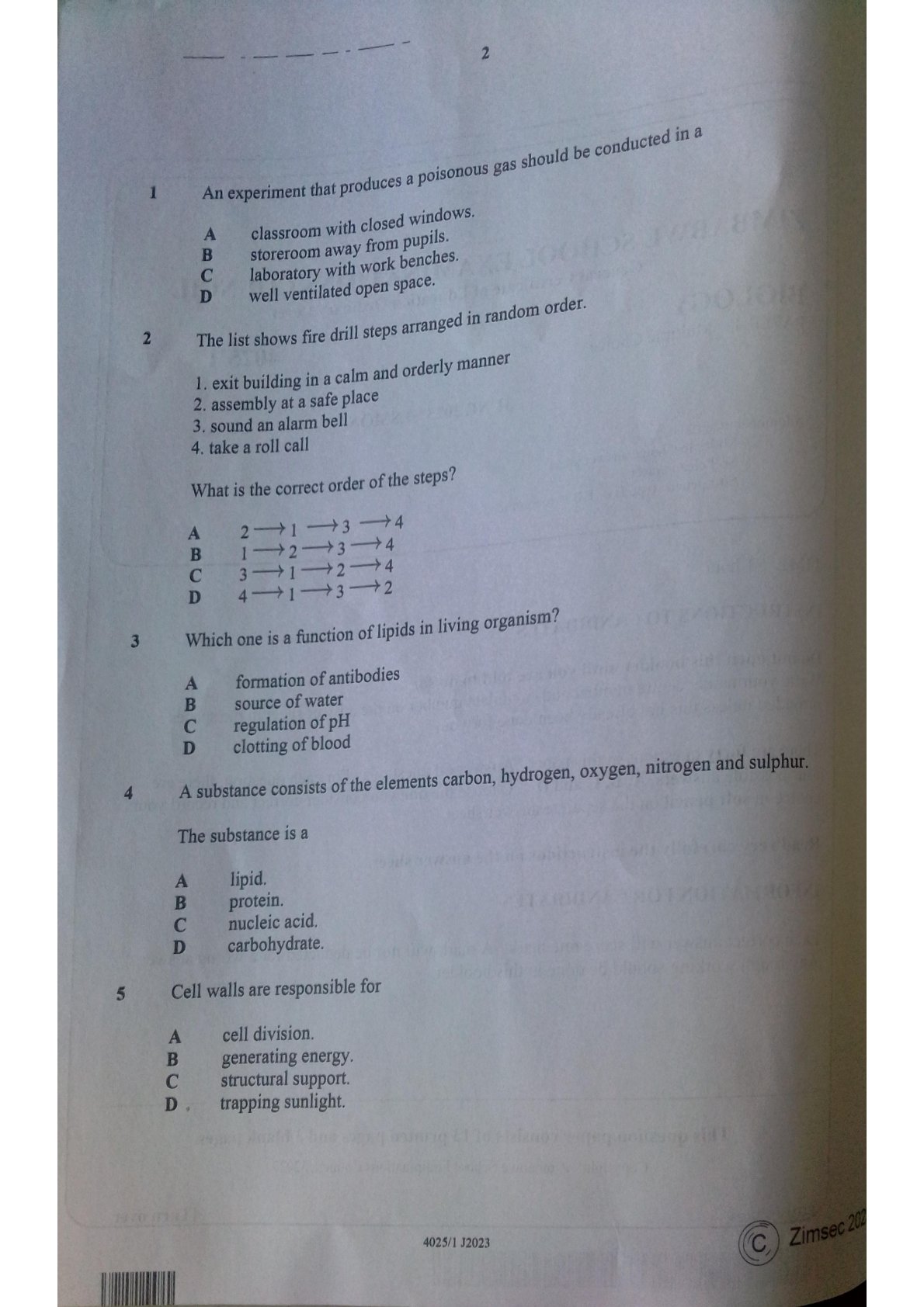 First page of ZIMSEC O-Level Biology Paper 1 June 2023 Question Paper