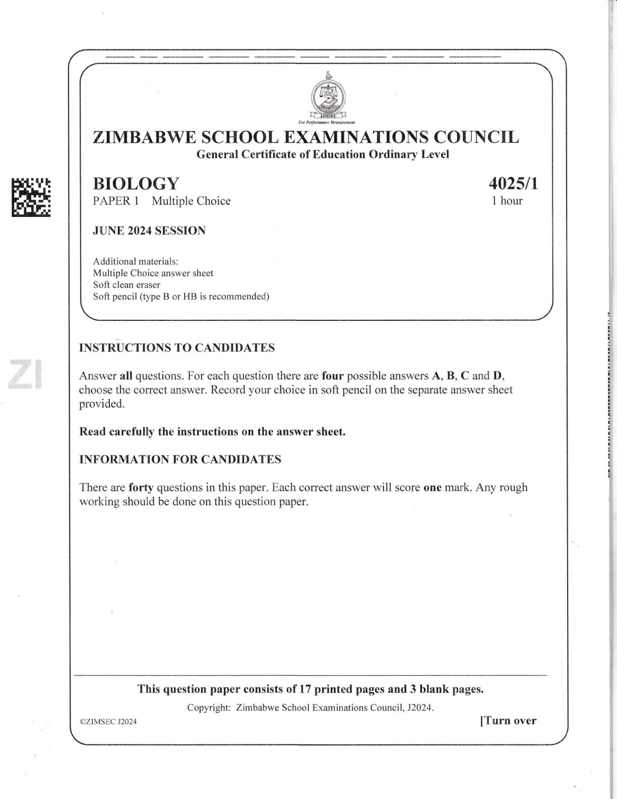 First page of ZIMSEC O-Level Biology Paper 1 June 2024 Question Paper
