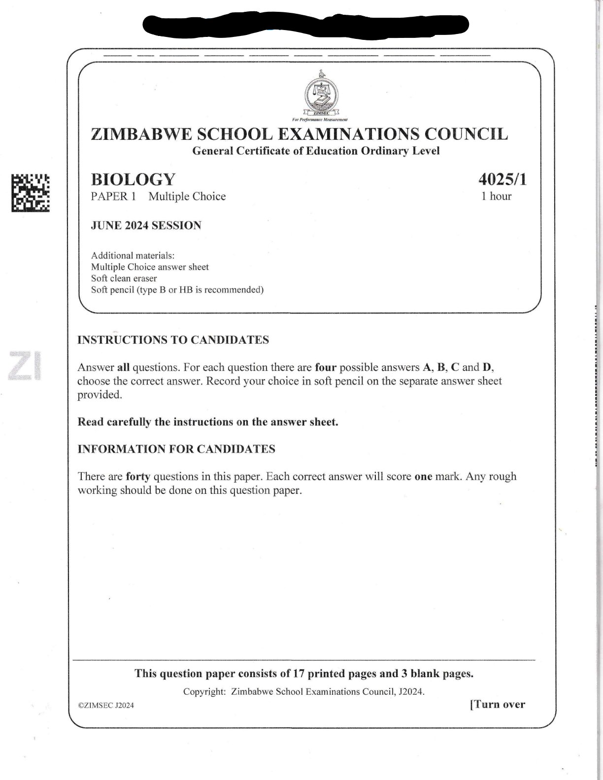 First page of ZIMSEC O-Level Biology Paper 1 June 2024 Question Paper