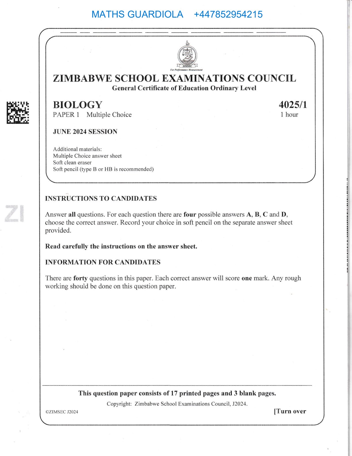First page of ZIMSEC O-Level Biology Paper 1 June 2024 Question Paper