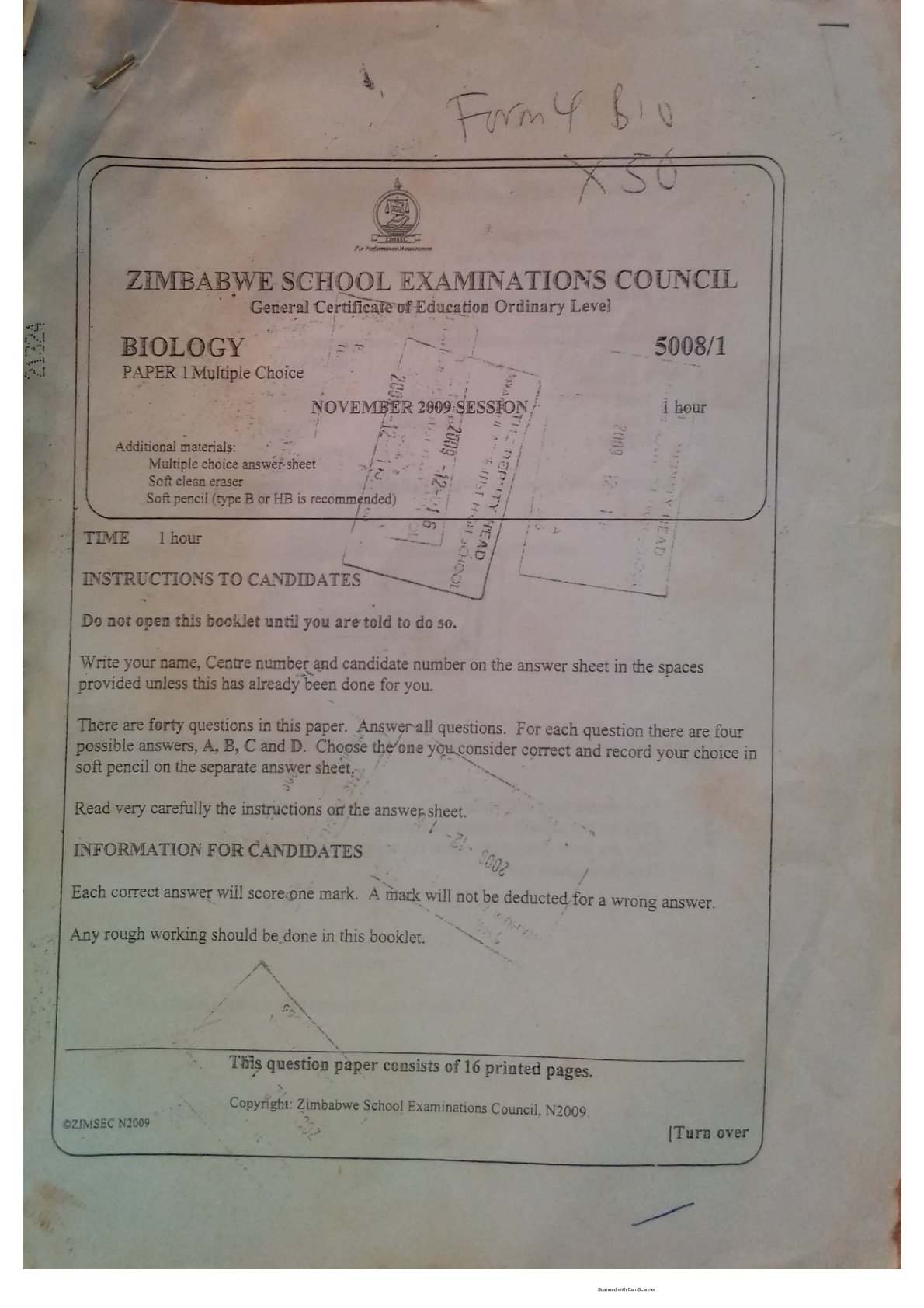 First page of ZIMSEC O-Level Biology Paper 1 November 2009 Question Paper
