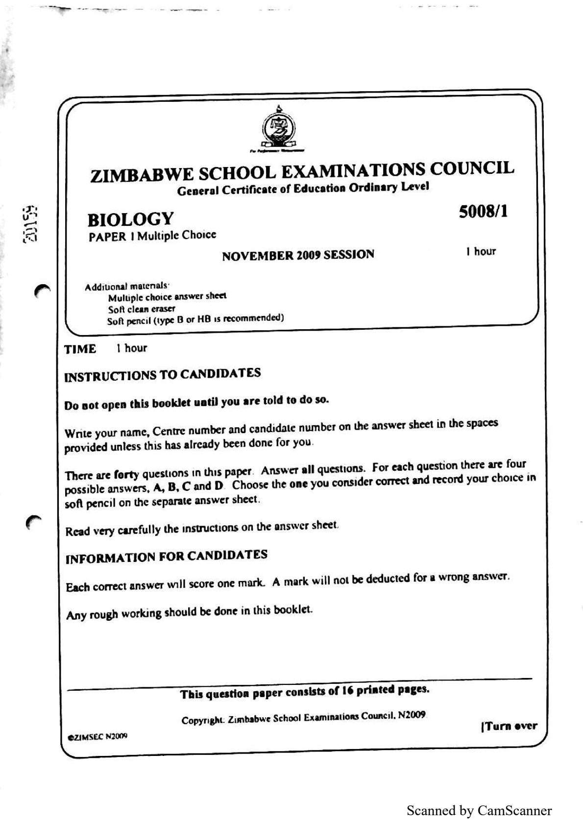 First page of ZIMSEC O-Level Biology Paper 1 November 2009 Question Paper