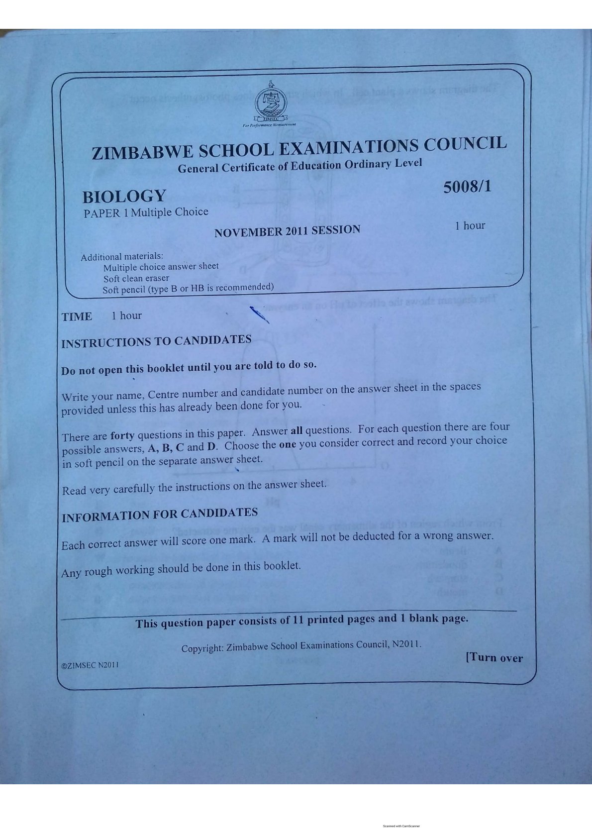 First page of ZIMSEC O-Level Biology Paper 1 November 2011 Question Paper