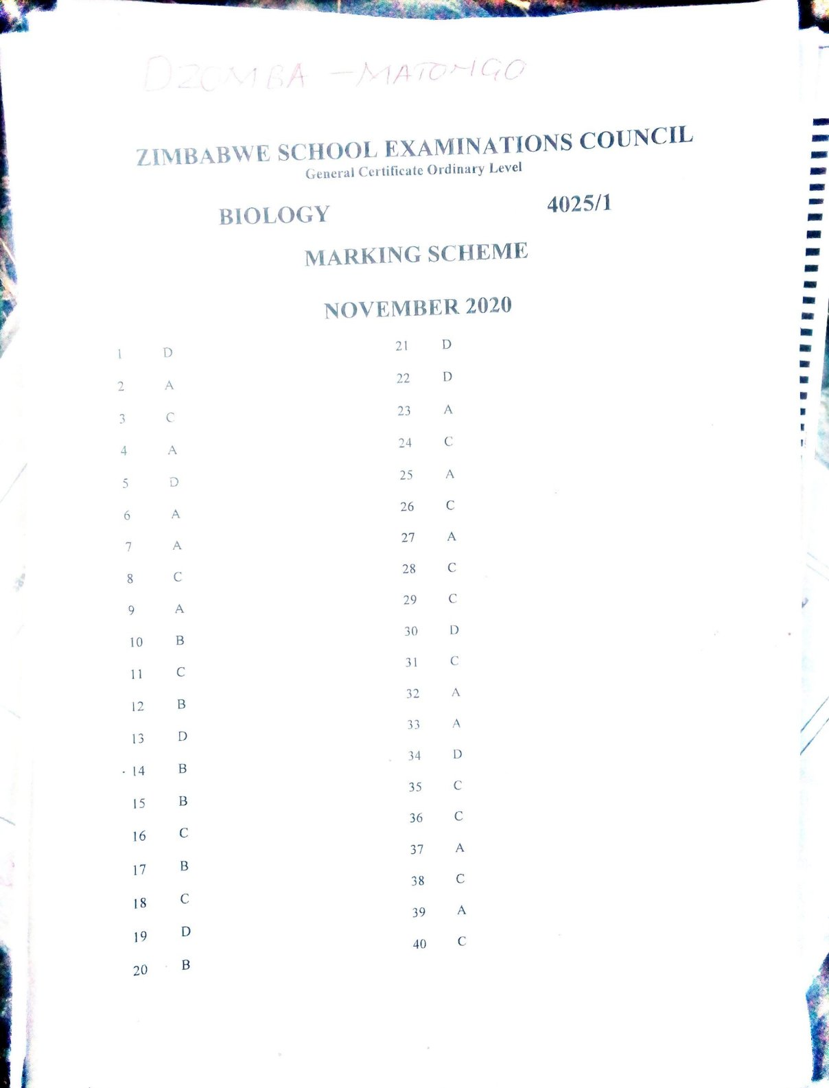 First page of ZIMSEC O-Level Biology Paper 1 November 2020 Marking Scheme