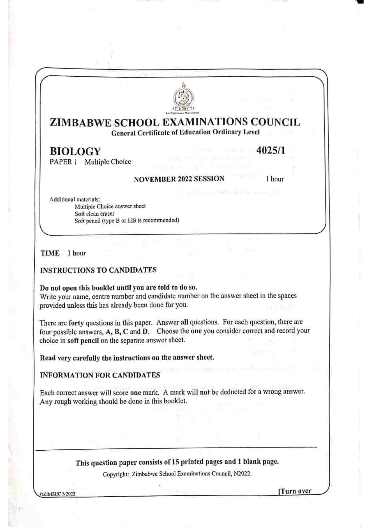 First page of ZIMSEC O-Level Biology Paper 1 November 2022 Question Paper